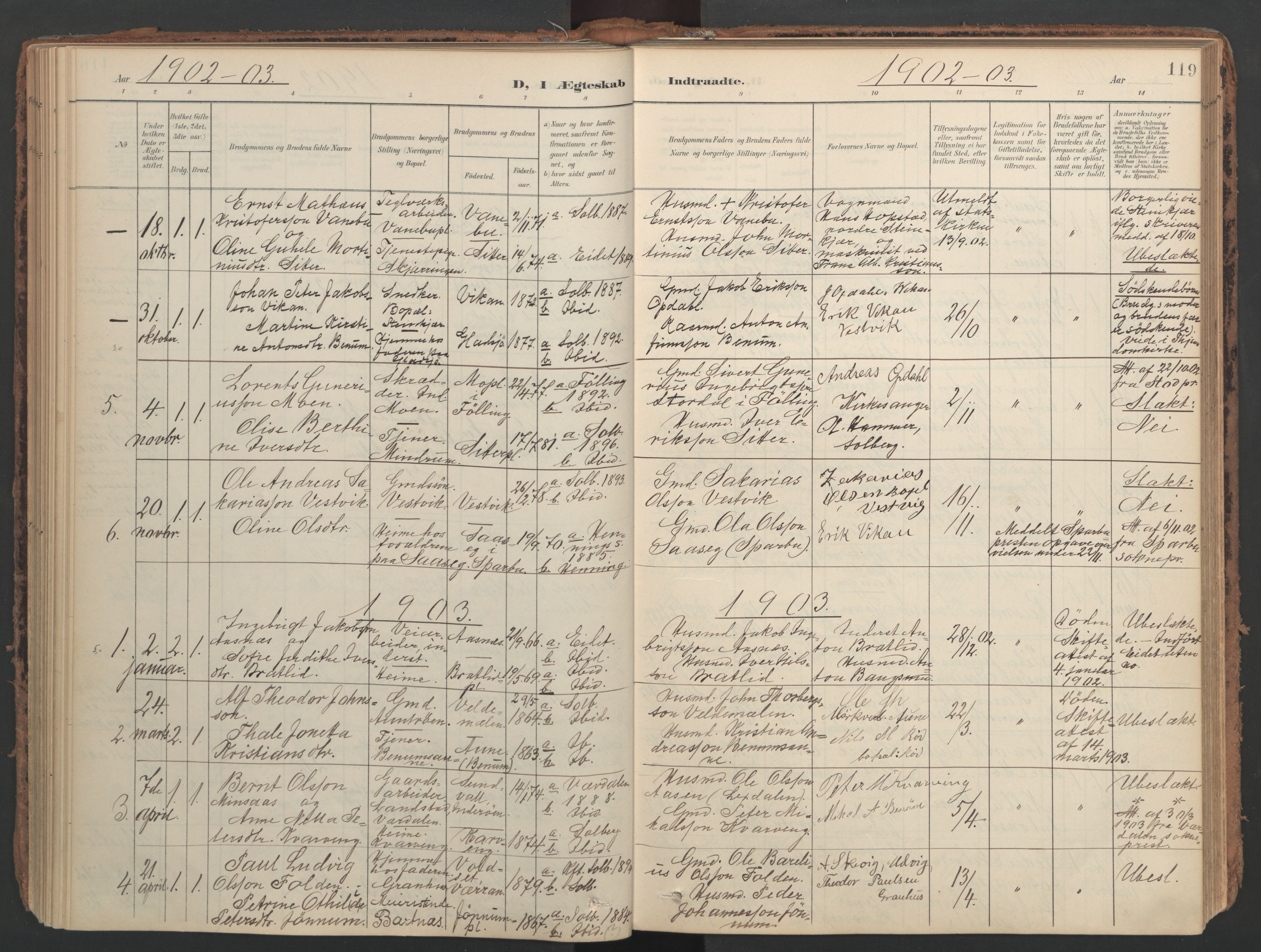 Ministerialprotokoller, klokkerbøker og fødselsregistre - Nord-Trøndelag, SAT/A-1458/741/L0397: Parish register (official) no. 741A11, 1901-1911, p. 119