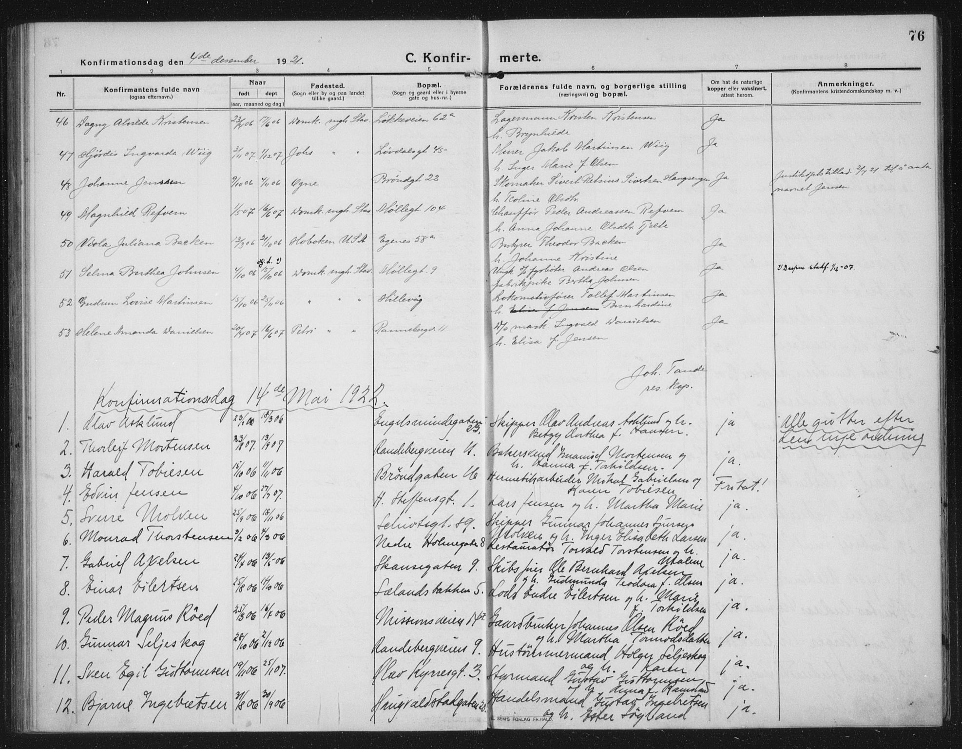 Domkirken sokneprestkontor, AV/SAST-A-101812/002/A/L0019: Parish register (official) no. A 35, 1916-1932, p. 76