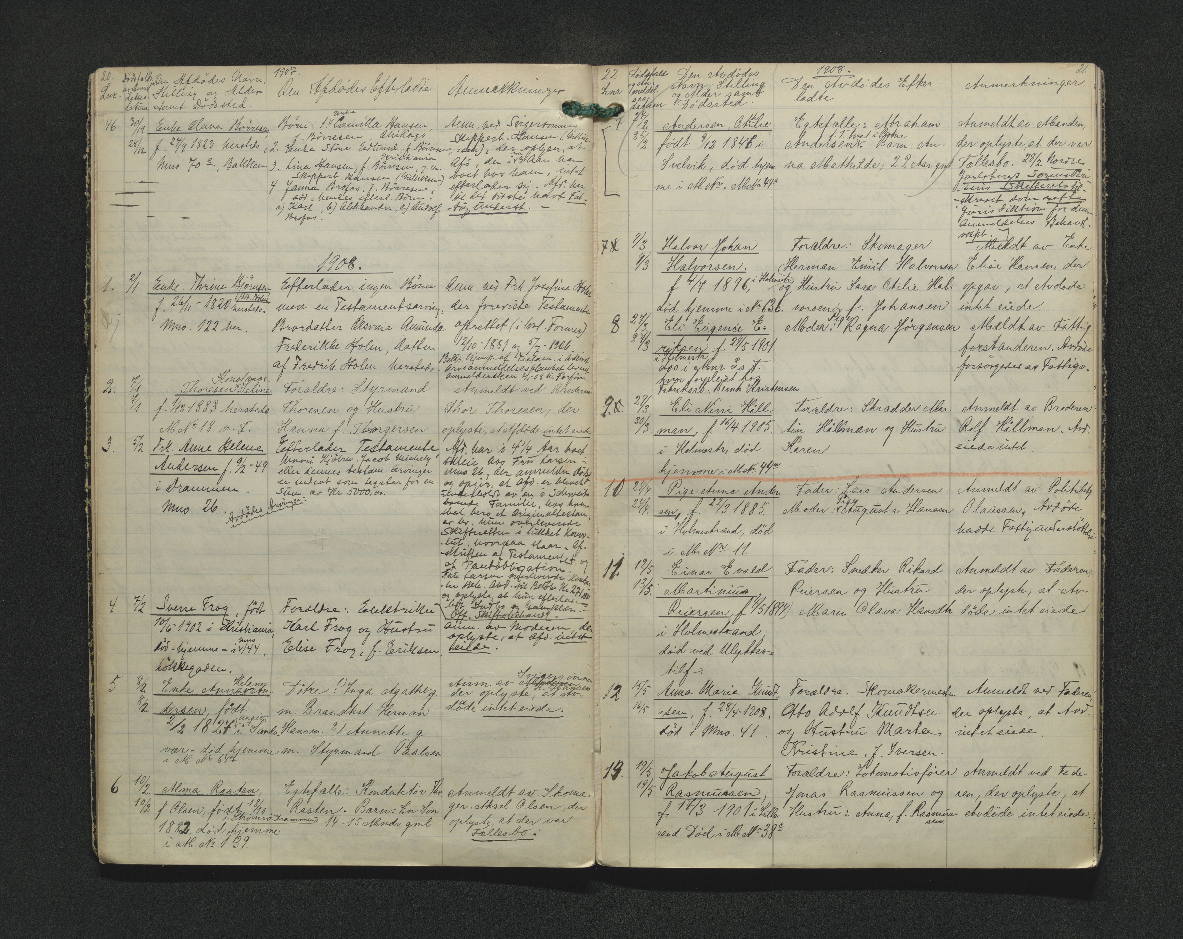 Holmestrand byfogd, AV/SAKO-A-223/H/Ha/L0004: Dødsanmeldelsesprotokoll, 1905-1916, p. 20-21