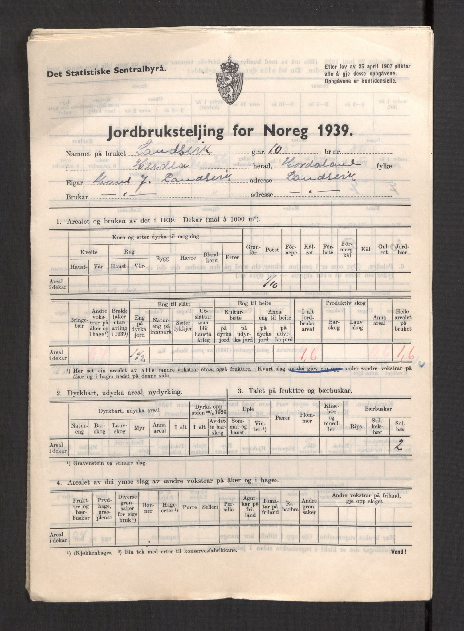 Statistisk sentralbyrå, Næringsøkonomiske emner, Jordbruk, skogbruk, jakt, fiske og fangst, AV/RA-S-2234/G/Gb/L0211: Hordaland: Herdla, Hjelme og Manger, 1939, p. 5