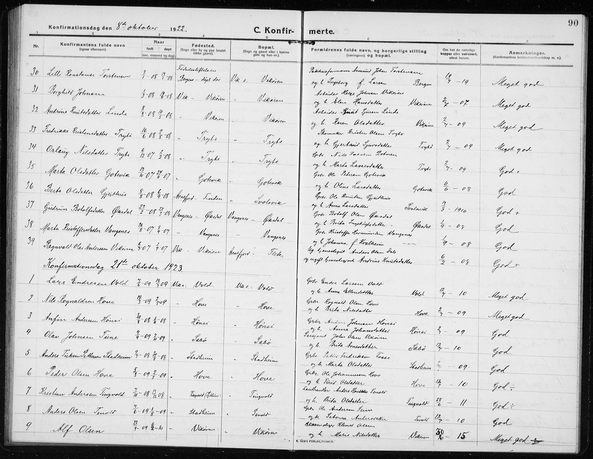 Vik sokneprestembete, AV/SAB-A-81501/H/Hab/Haba/L0005: Parish register (copy) no. A 5, 1915-1935, p. 90