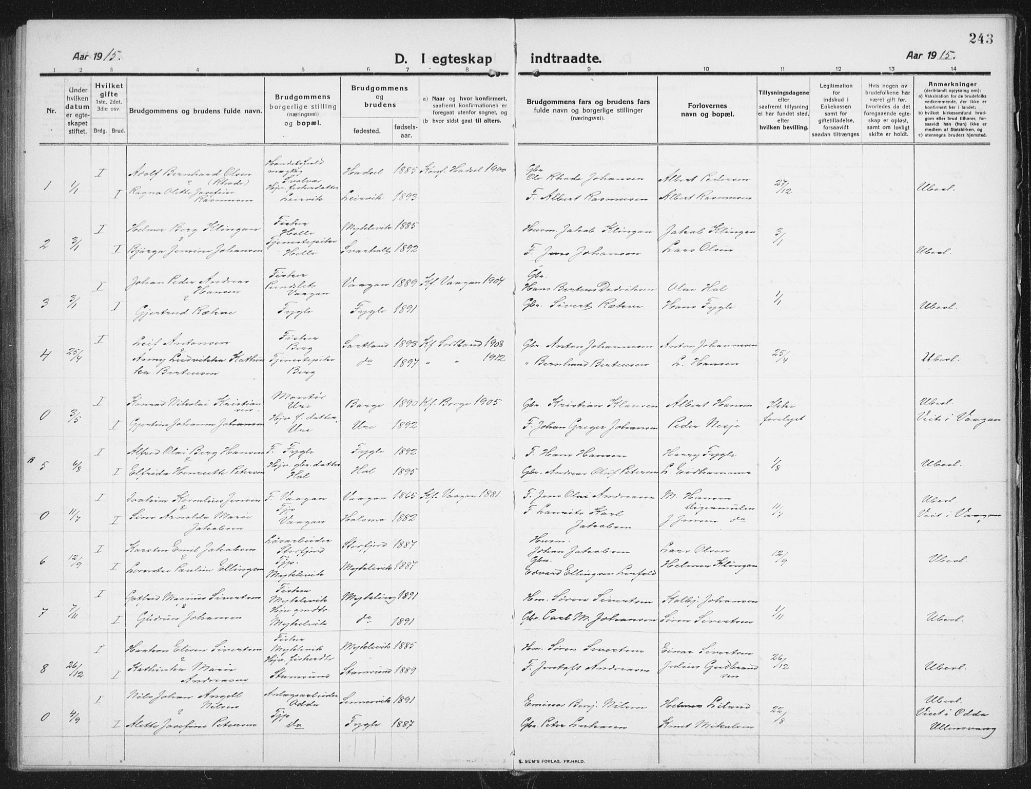 Ministerialprotokoller, klokkerbøker og fødselsregistre - Nordland, SAT/A-1459/882/L1183: Parish register (copy) no. 882C01, 1911-1938, p. 243