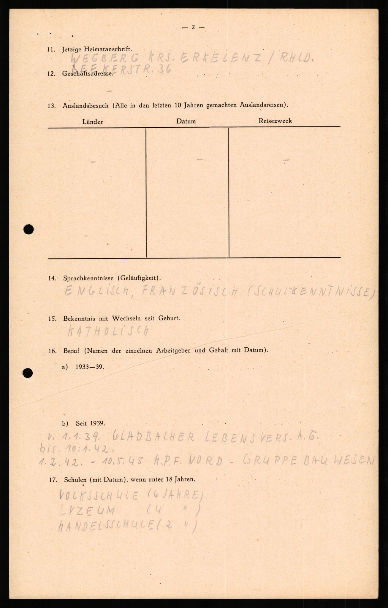 Forsvaret, Forsvarets overkommando II, RA/RAFA-3915/D/Db/L0022: CI Questionaires. Tyske okkupasjonsstyrker i Norge. Tyskere., 1945-1946, p. 172