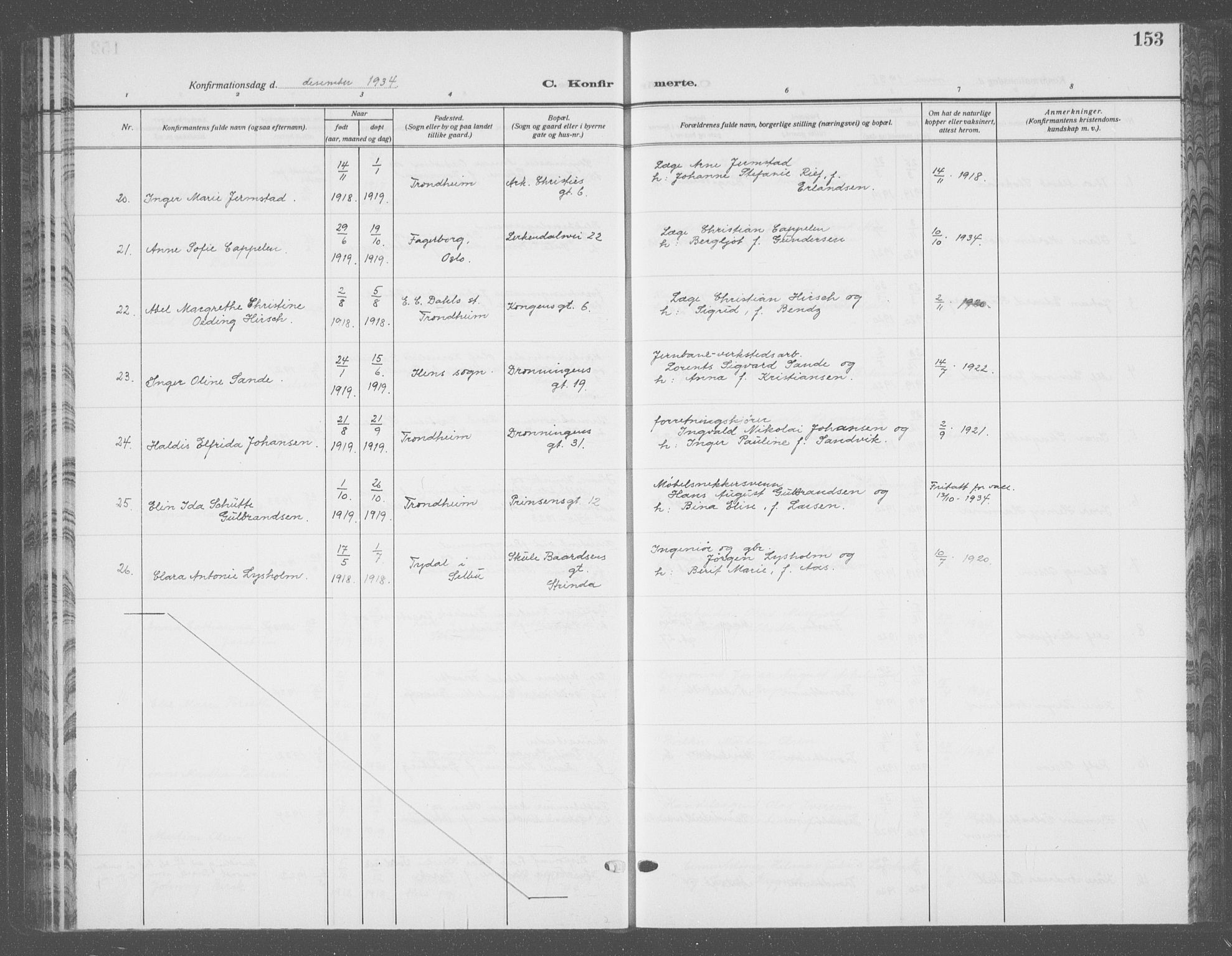 Ministerialprotokoller, klokkerbøker og fødselsregistre - Sør-Trøndelag, SAT/A-1456/601/L0099: Parish register (copy) no. 601C17, 1928-1941, p. 153