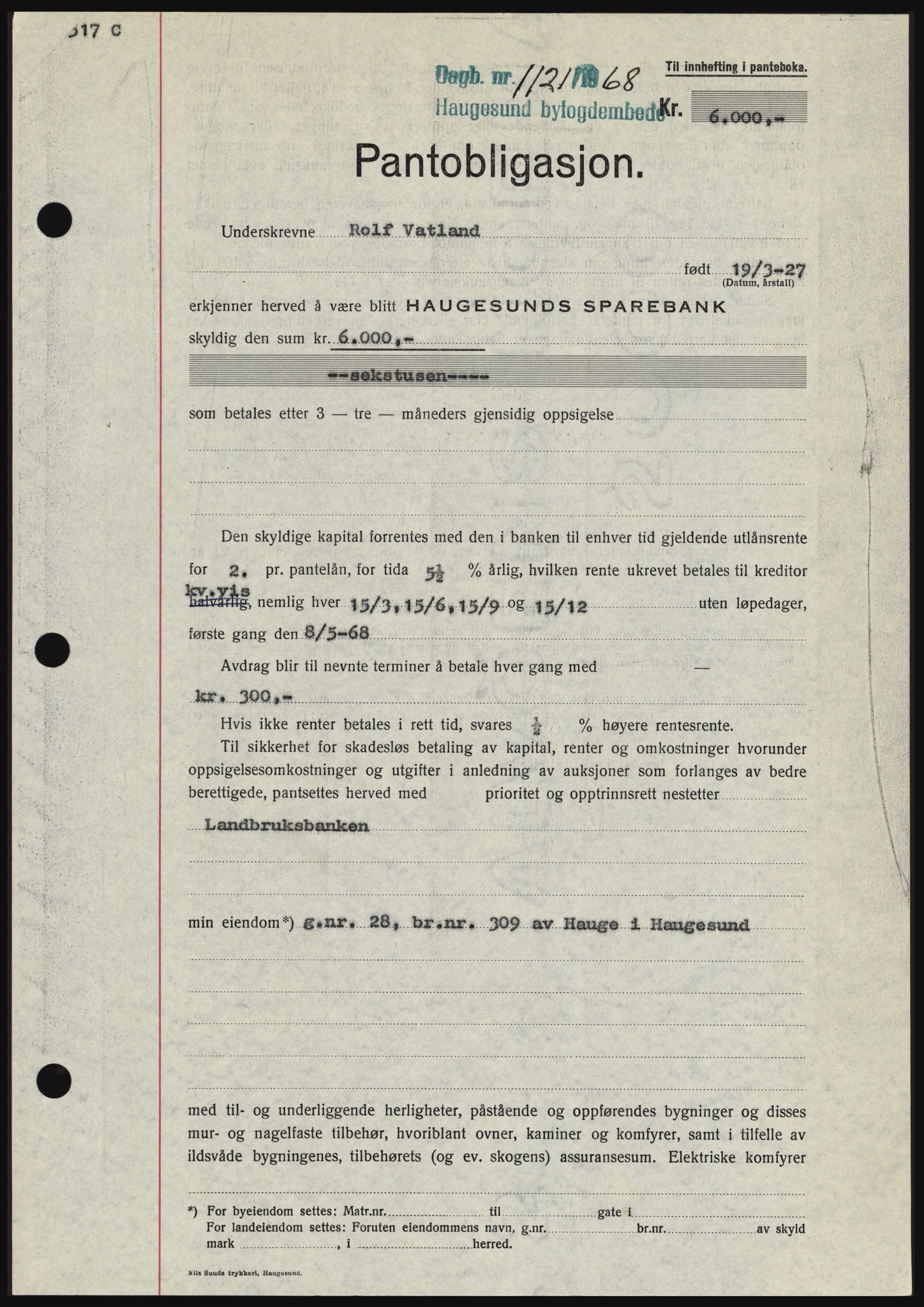 Haugesund tingrett, SAST/A-101415/01/II/IIC/L0058: Mortgage book no. B 58, 1967-1968, Diary no: : 1121/1968