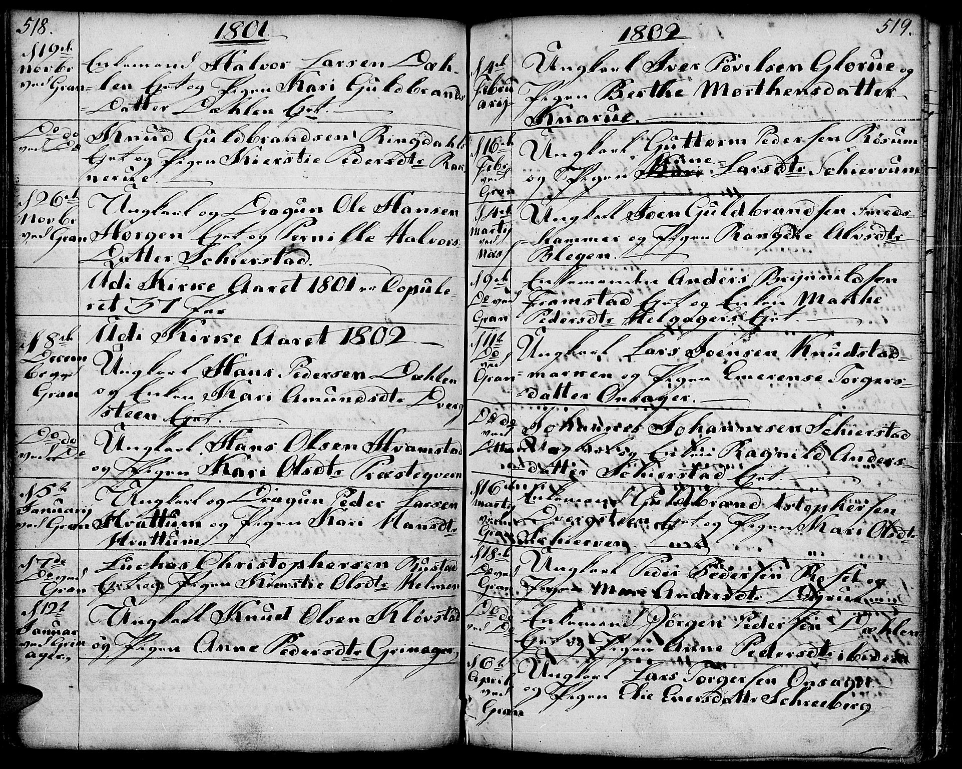 Gran prestekontor, SAH/PREST-112/H/Ha/Haa/L0006: Parish register (official) no. 6, 1787-1824, p. 518-519