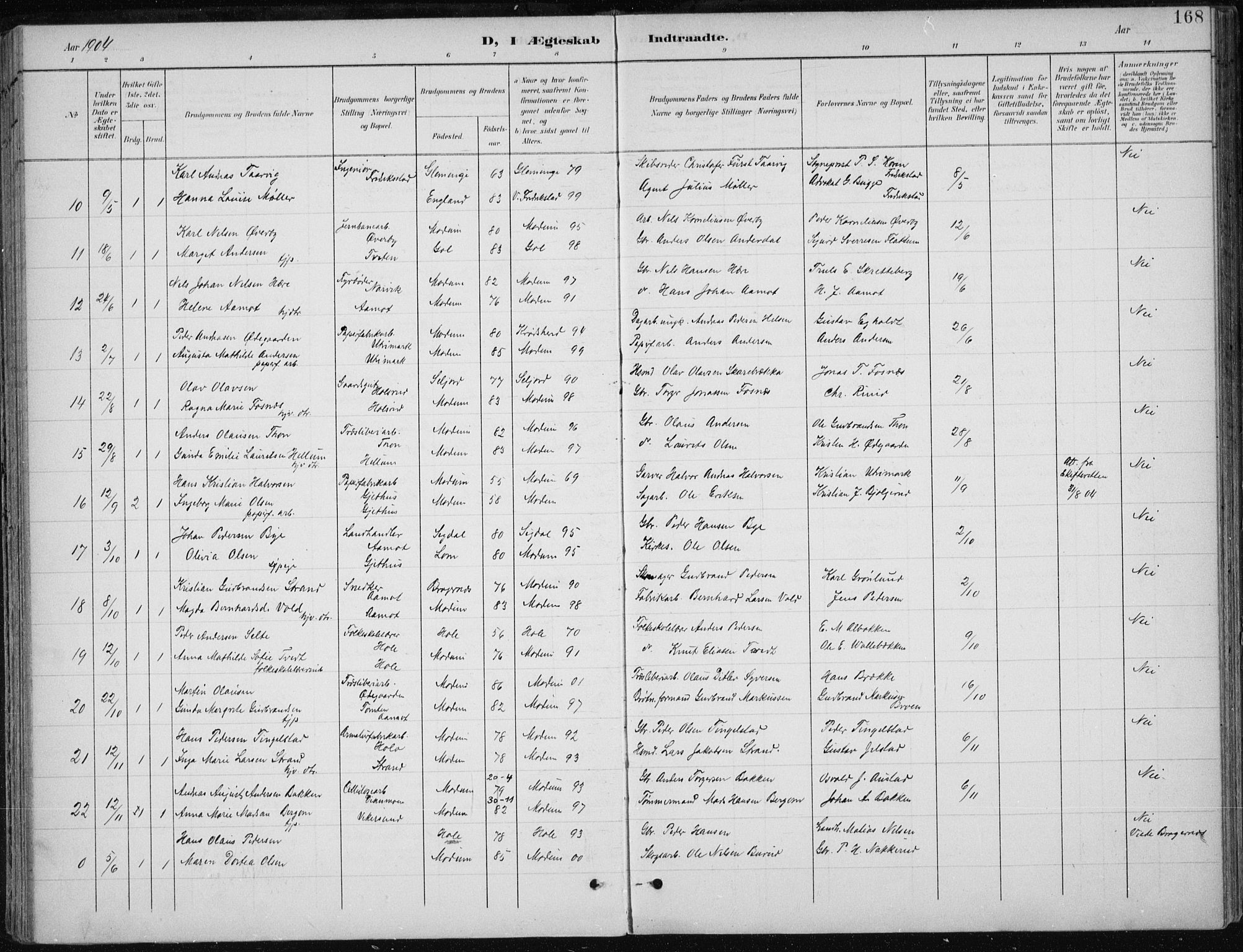 Modum kirkebøker, AV/SAKO-A-234/F/Fa/L0013: Parish register (official) no. 13, 1899-1907, p. 168