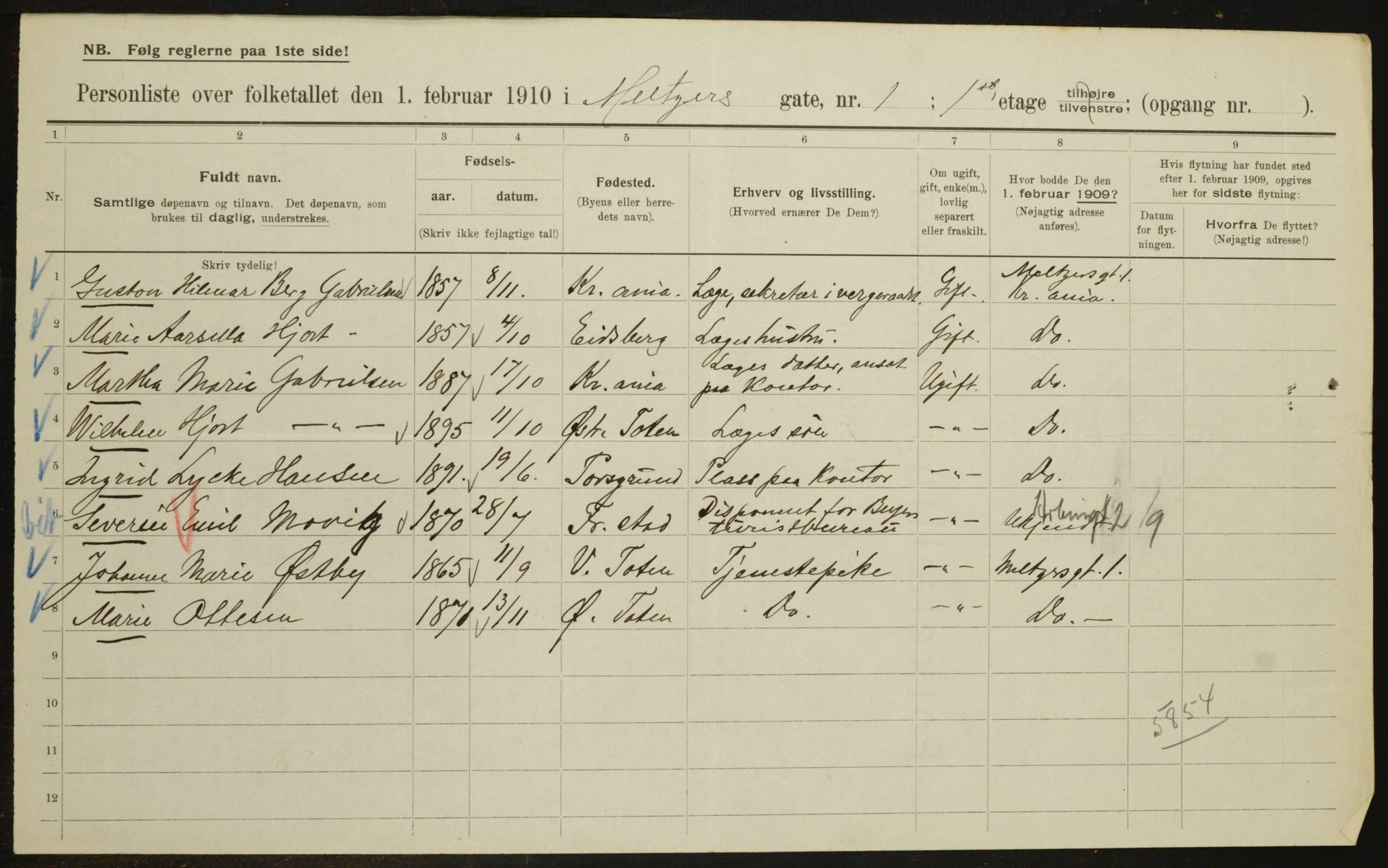 OBA, Municipal Census 1910 for Kristiania, 1910, p. 63082