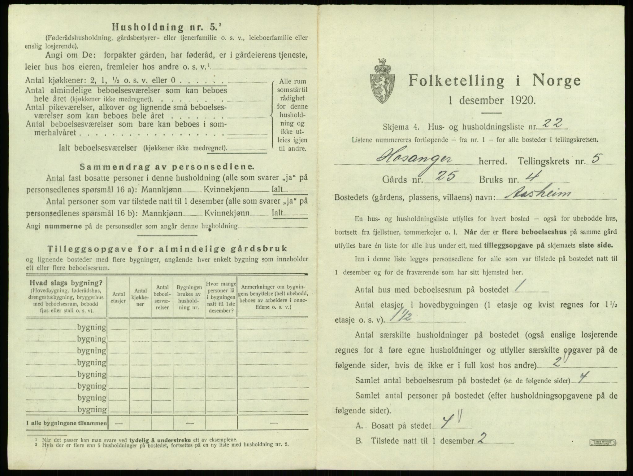 SAB, 1920 census for Hosanger, 1920, p. 307