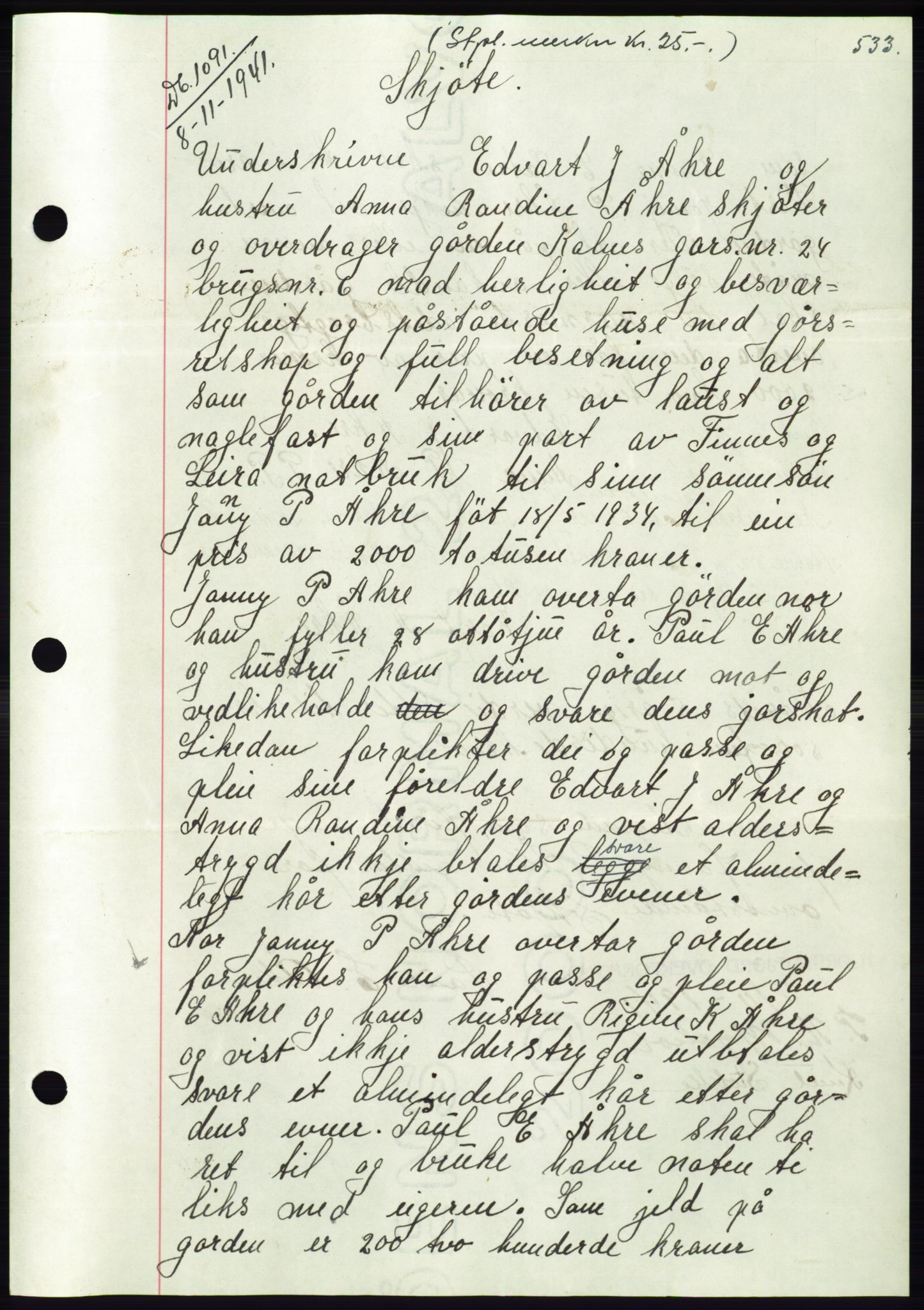 Søre Sunnmøre sorenskriveri, AV/SAT-A-4122/1/2/2C/L0071: Mortgage book no. 65, 1941-1941, Diary no: : 1091/1941