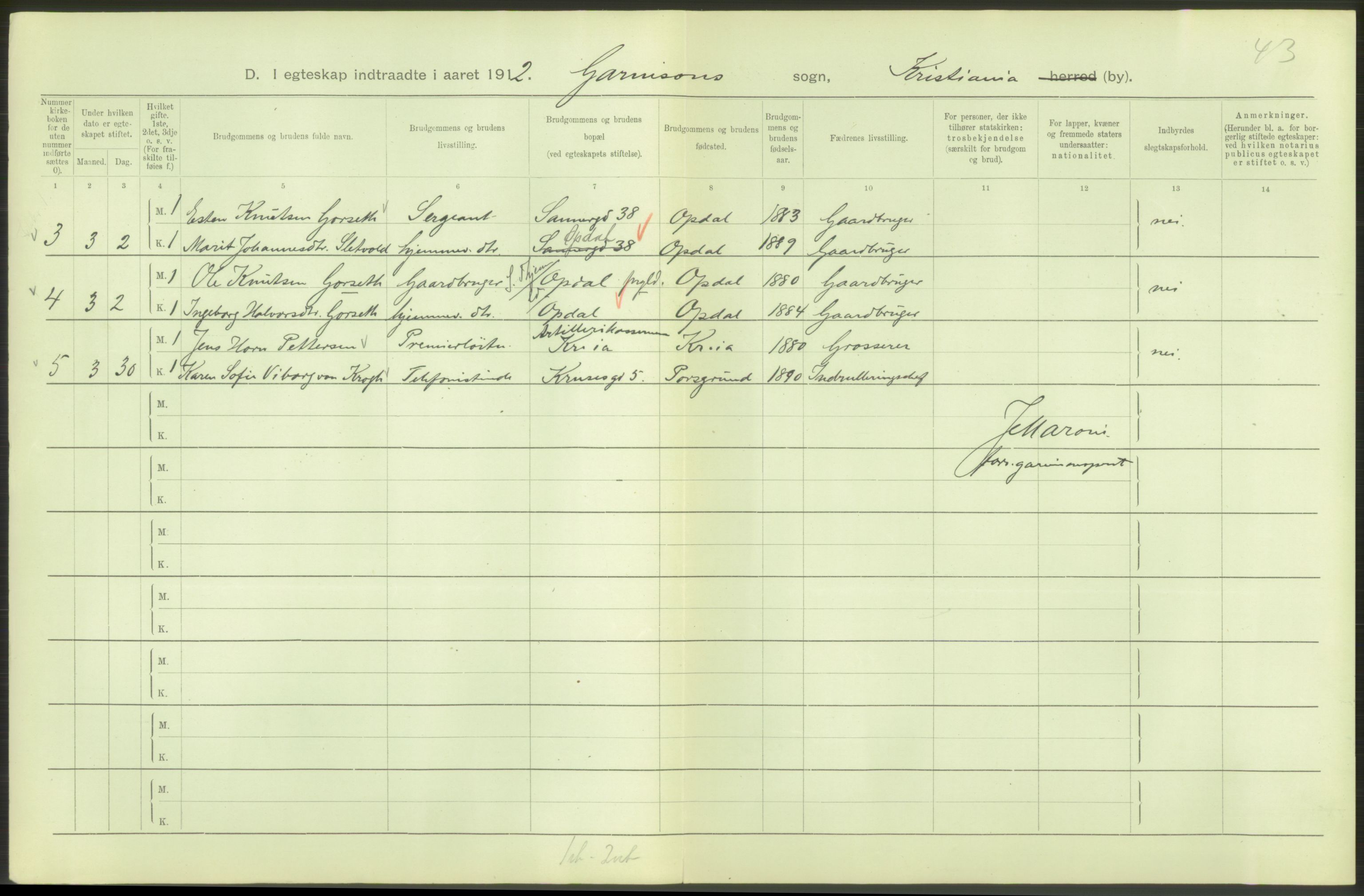 Statistisk sentralbyrå, Sosiodemografiske emner, Befolkning, AV/RA-S-2228/D/Df/Dfb/Dfbb/L0008: Kristiania: Gifte, 1912, p. 30