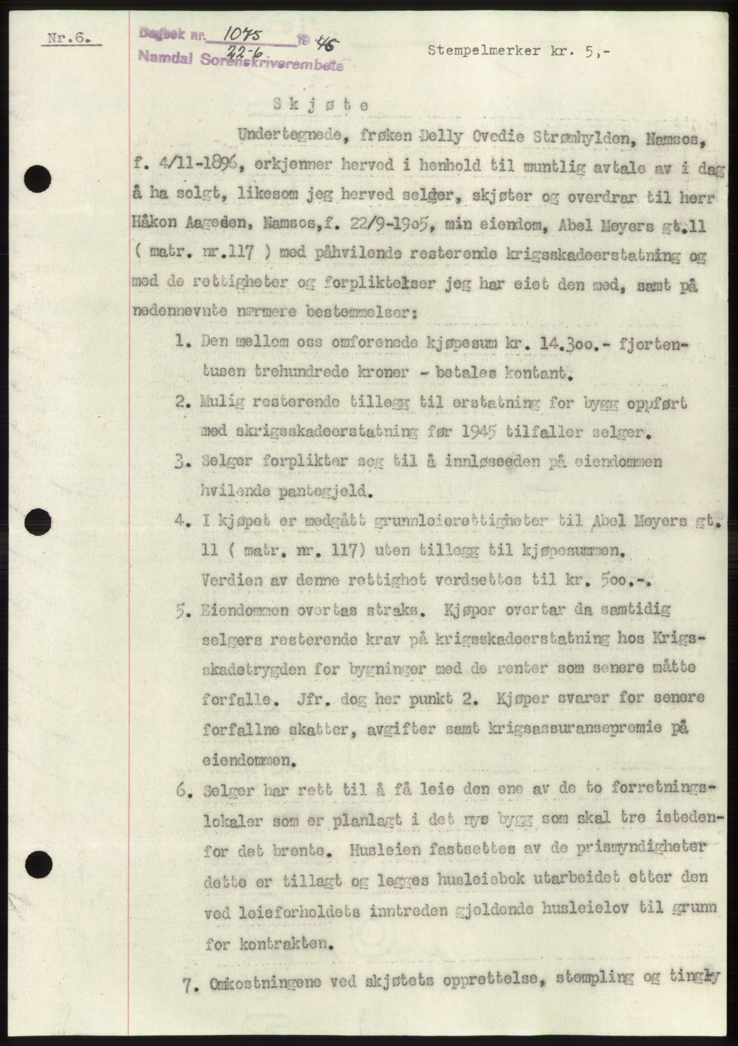 Namdal sorenskriveri, AV/SAT-A-4133/1/2/2C: Mortgage book no. -, 1946-1946, Diary no: : 1075/1946