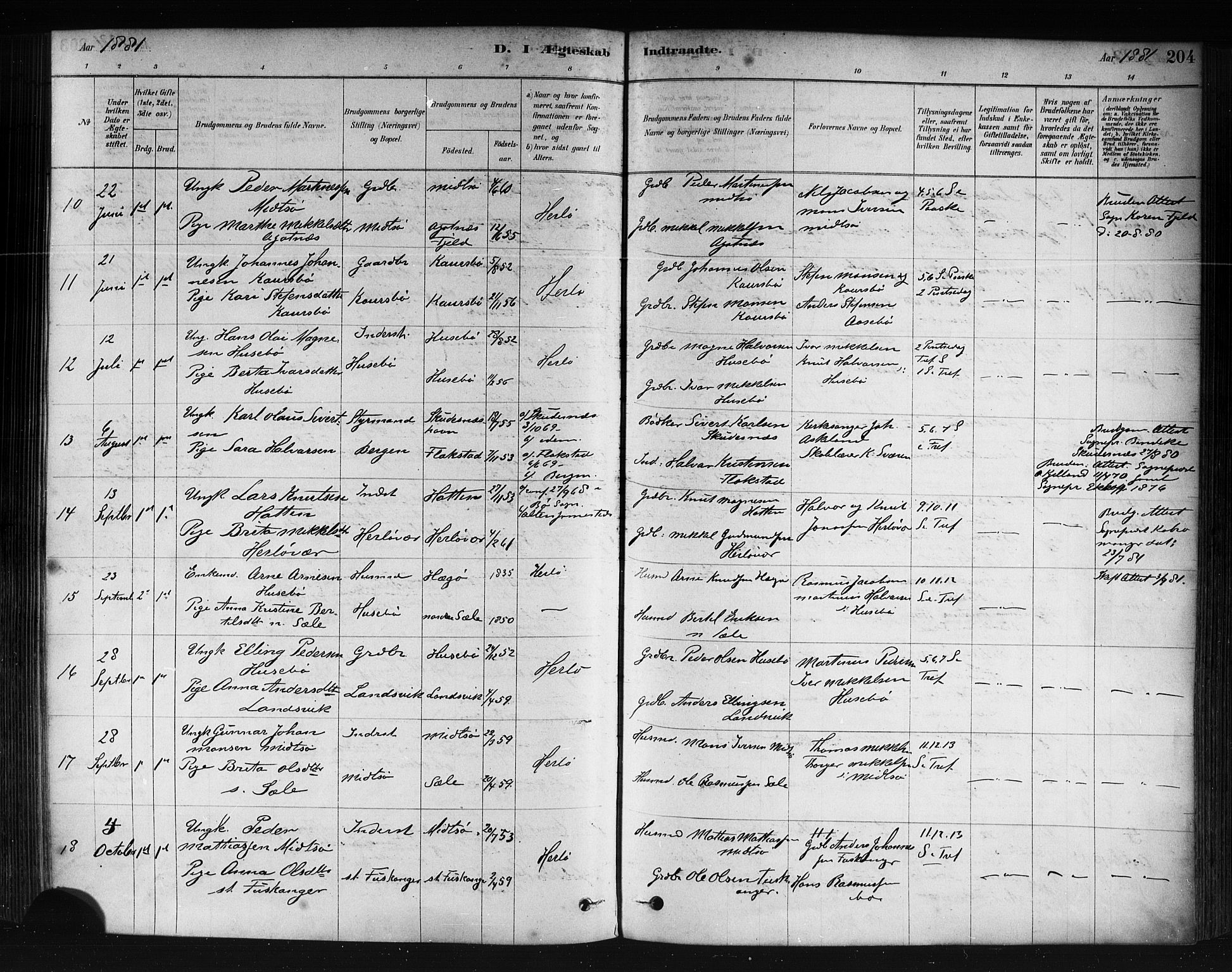 Herdla Sokneprestembete, AV/SAB-A-75701/H/Haa: Parish register (official) no. A 3, 1878-1890, p. 204