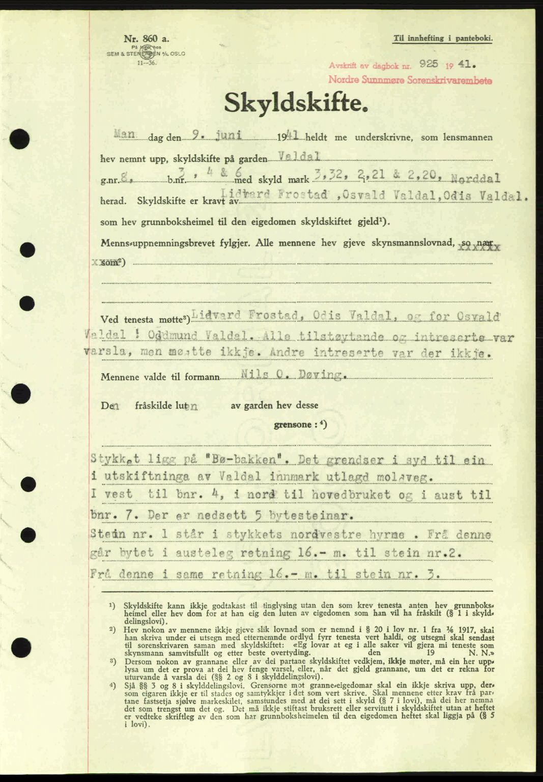 Nordre Sunnmøre sorenskriveri, AV/SAT-A-0006/1/2/2C/2Ca: Mortgage book no. A11, 1941-1941, Diary no: : 925/1941