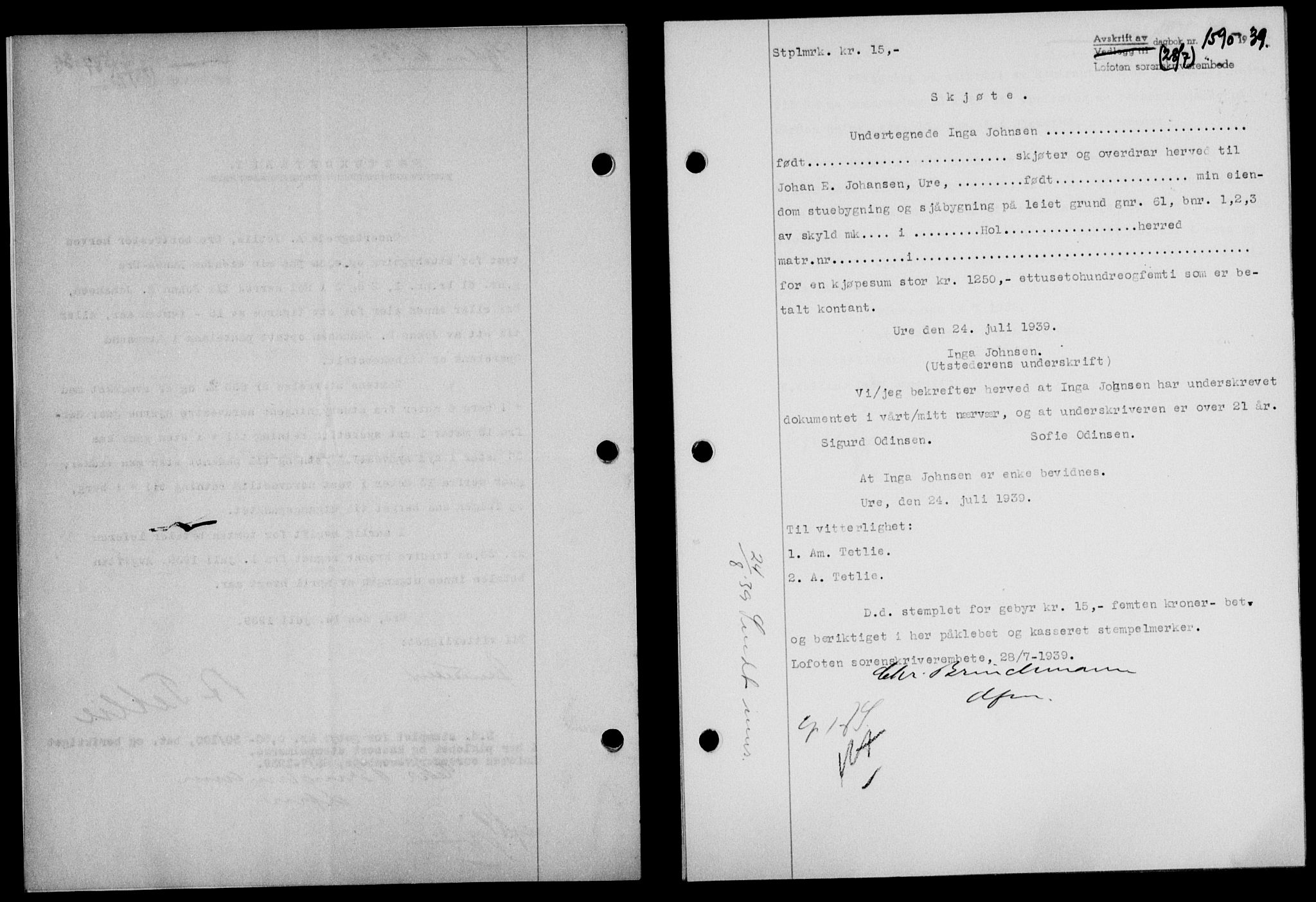 Lofoten sorenskriveri, SAT/A-0017/1/2/2C/L0006a: Mortgage book no. 6a, 1939-1939, Diary no: : 1590/1939