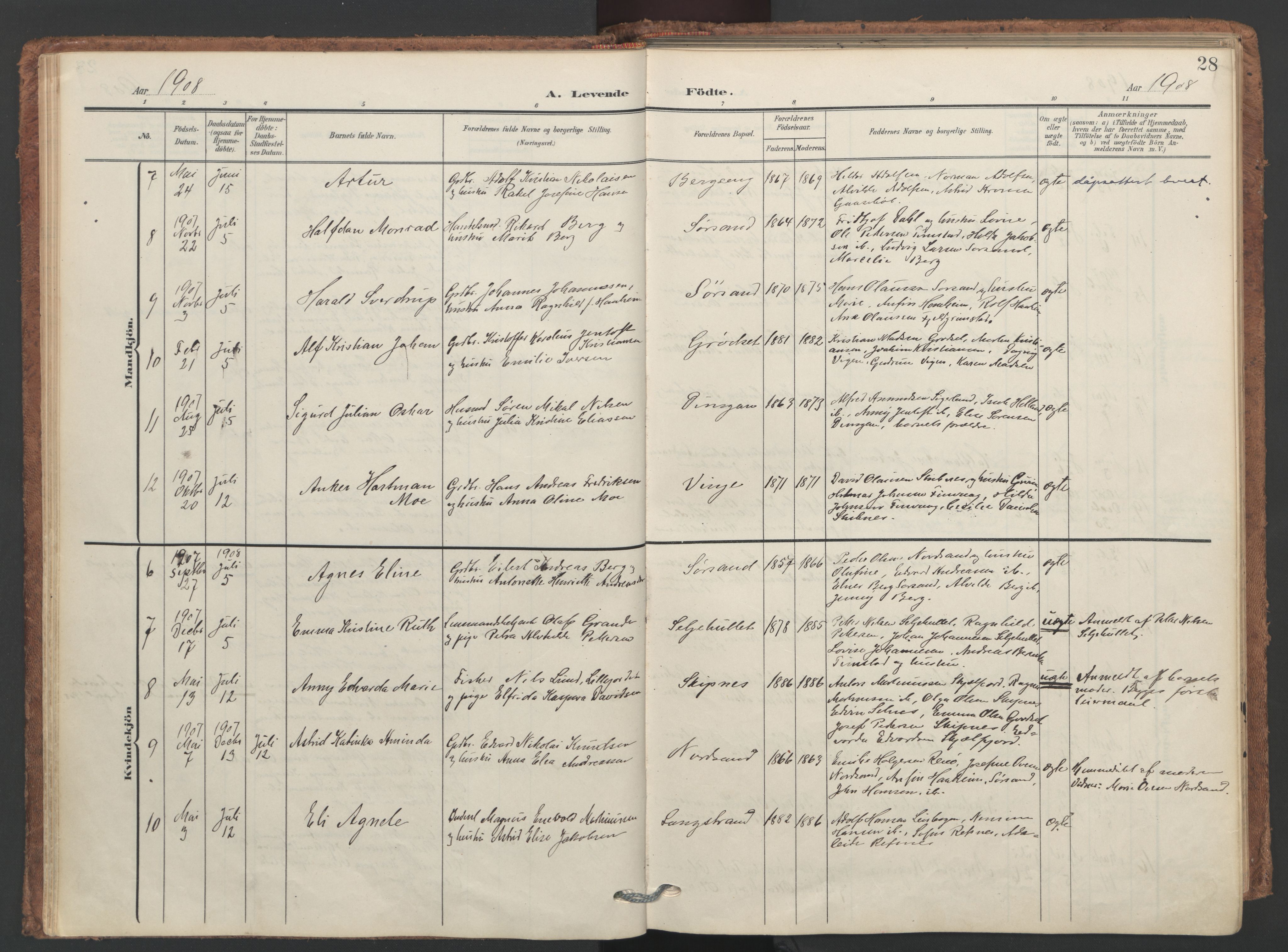 Ministerialprotokoller, klokkerbøker og fødselsregistre - Nordland, SAT/A-1459/893/L1339: Parish register (official) no. 893A11, 1904-1914, p. 28