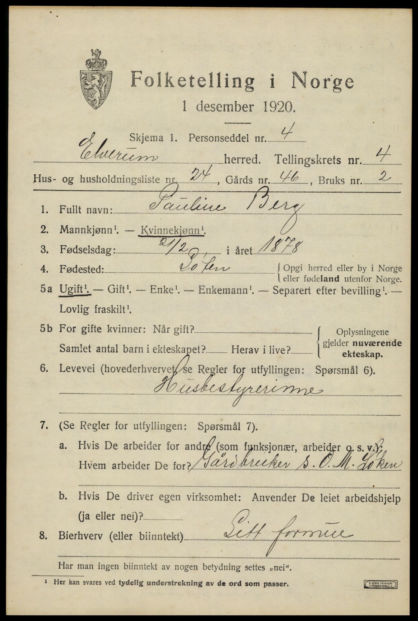 SAH, 1920 census for Elverum, 1920, p. 6920