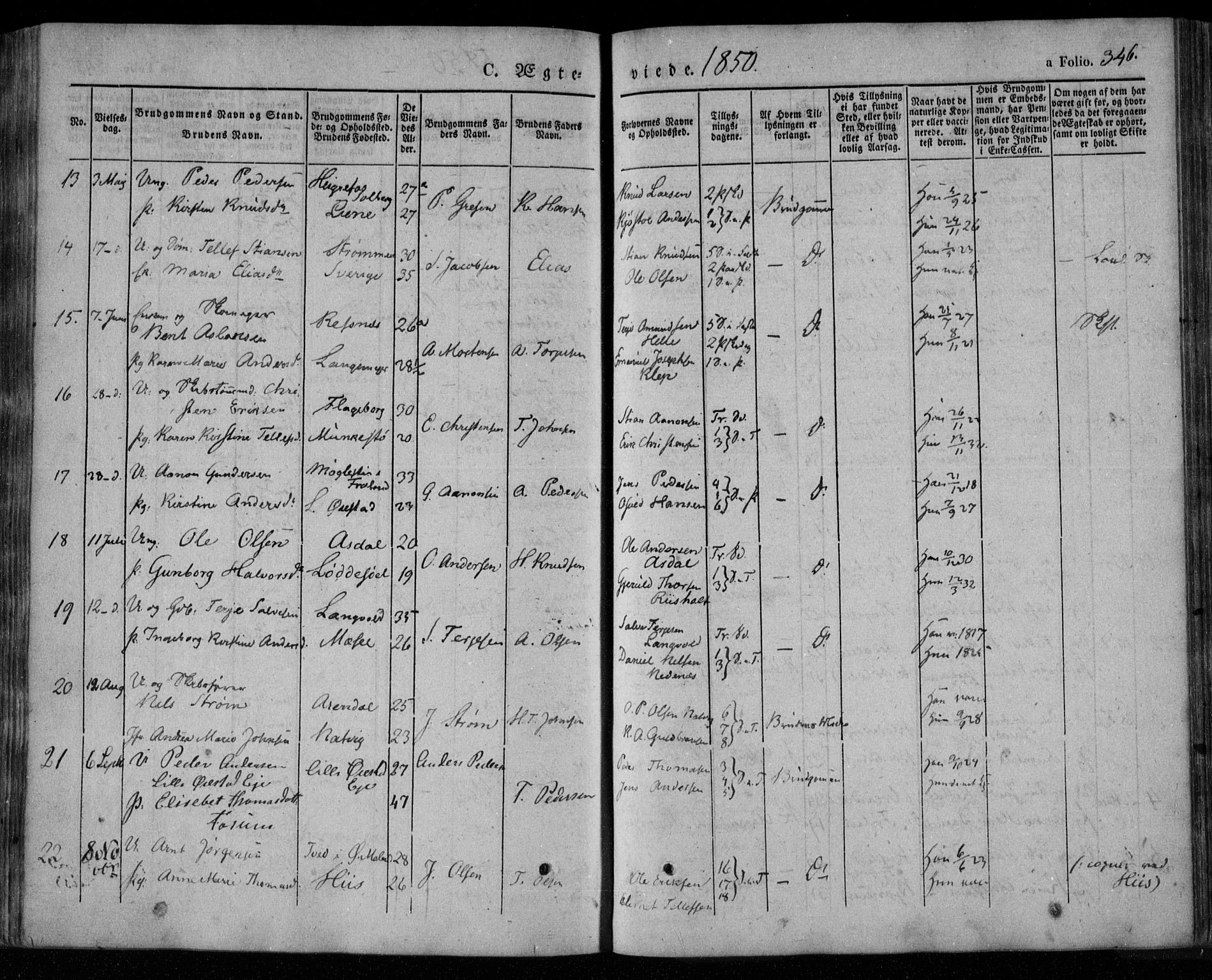 Øyestad sokneprestkontor, AV/SAK-1111-0049/F/Fa/L0014: Parish register (official) no. A 14, 1843-1856, p. 346