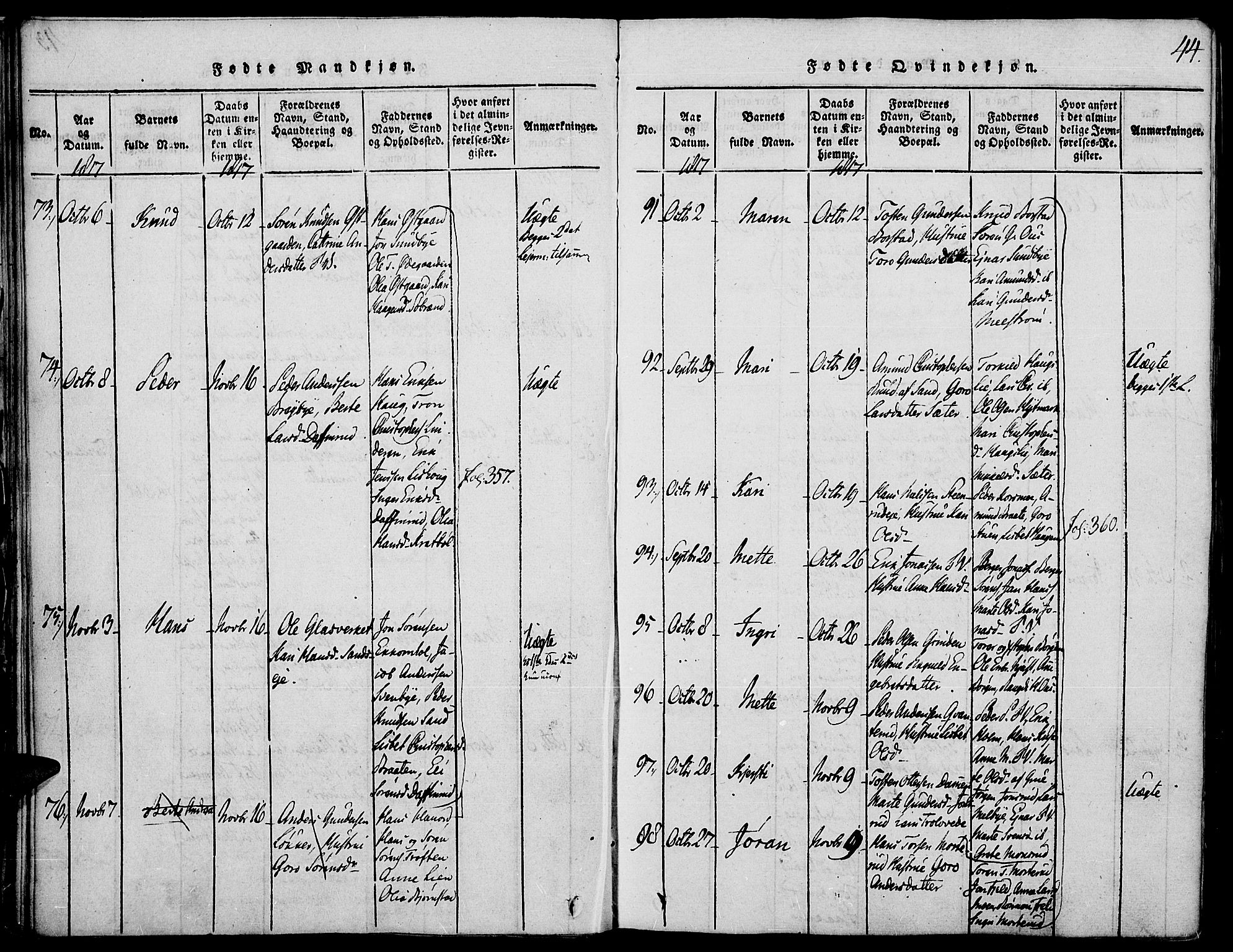Strøm-Odalen prestekontor, SAH/PREST-028/H/Ha/Haa/L0006: Parish register (official) no. 6, 1814-1850, p. 44