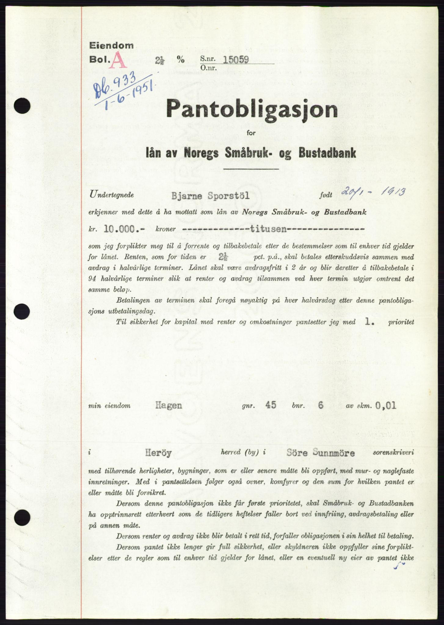 Søre Sunnmøre sorenskriveri, AV/SAT-A-4122/1/2/2C/L0120: Mortgage book no. 8B, 1951-1951, Diary no: : 933/1951