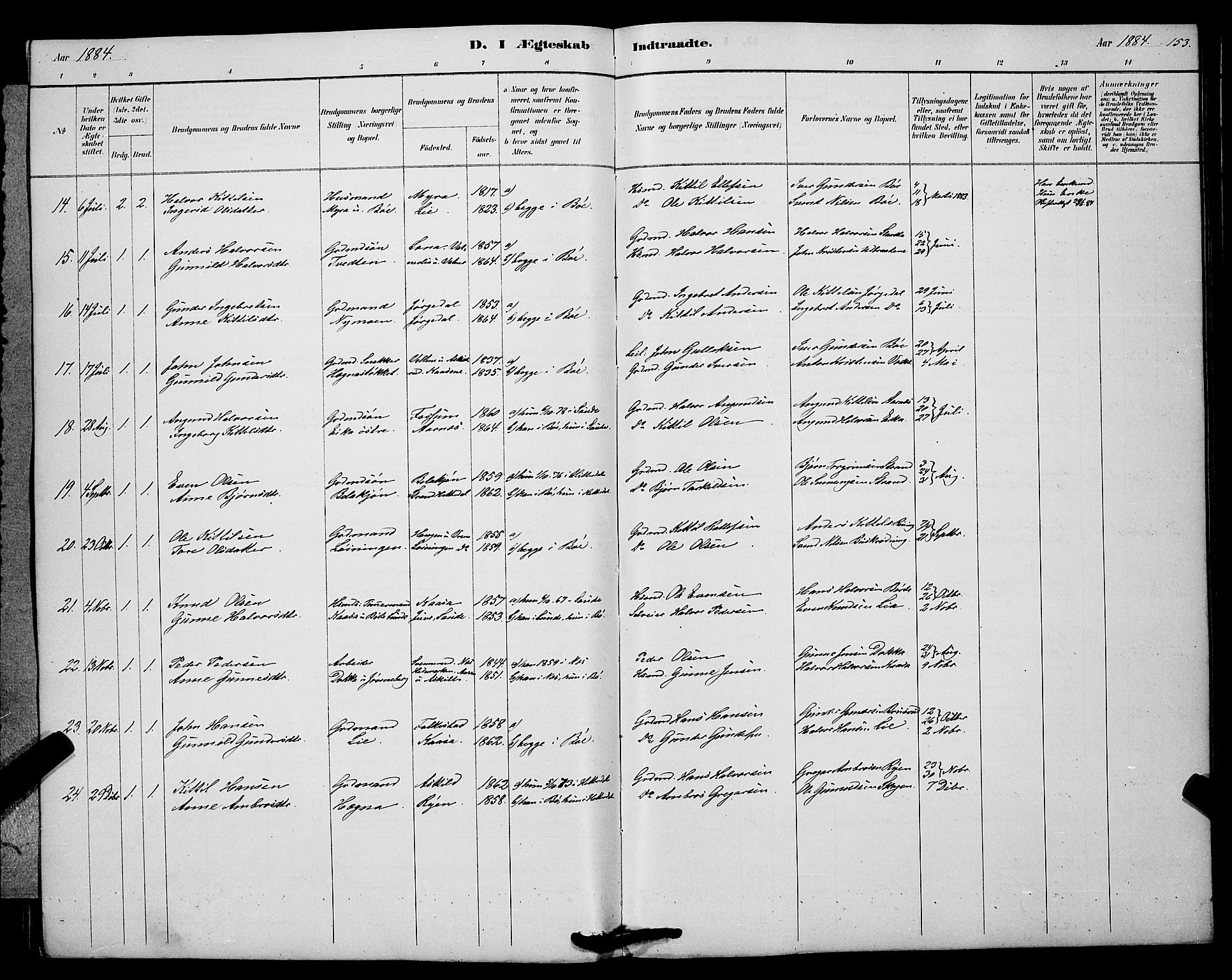 Bø kirkebøker, SAKO/A-257/G/Ga/L0005: Parish register (copy) no. 5, 1883-1897, p. 153