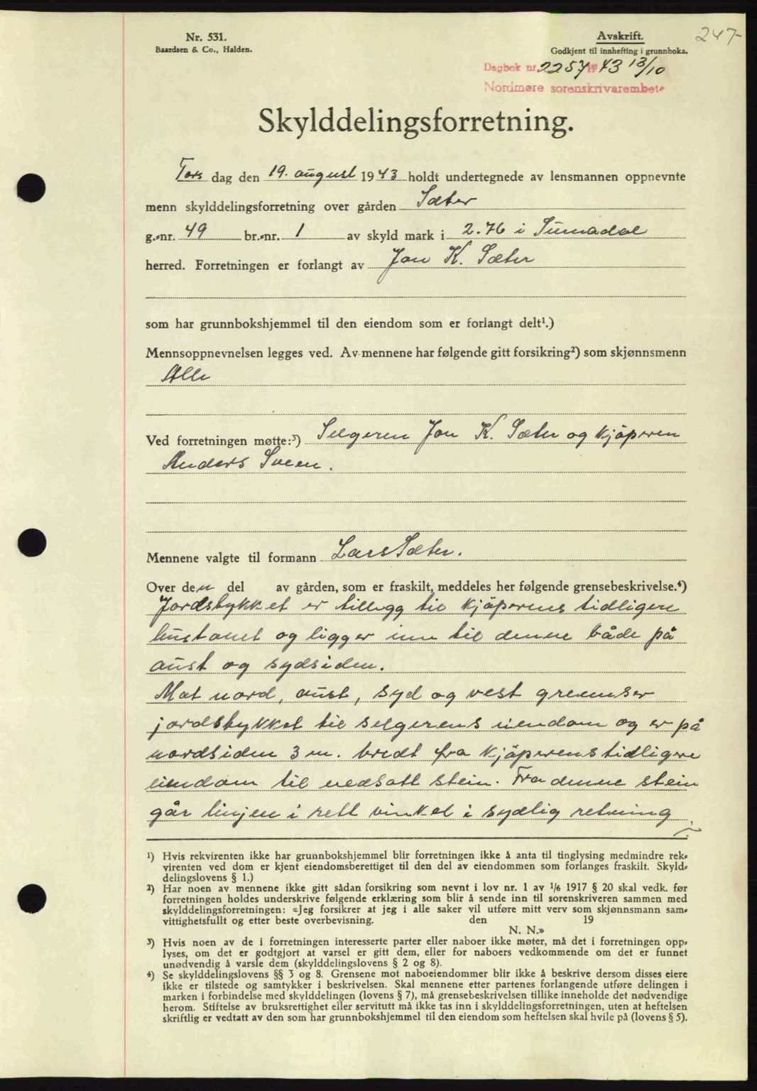Nordmøre sorenskriveri, SAT/A-4132/1/2/2Ca: Mortgage book no. A96, 1943-1944, Diary no: : 2257/1943