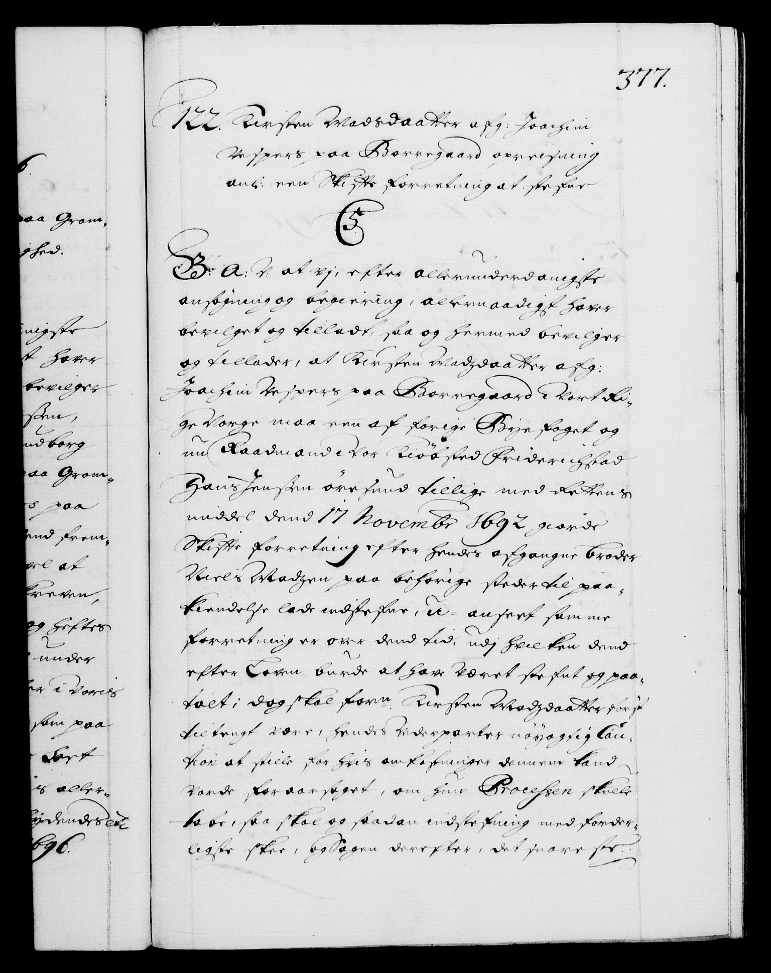 Danske Kanselli 1572-1799, AV/RA-EA-3023/F/Fc/Fca/Fcaa/L0016: Norske registre (mikrofilm), 1692-1697, p. 377a