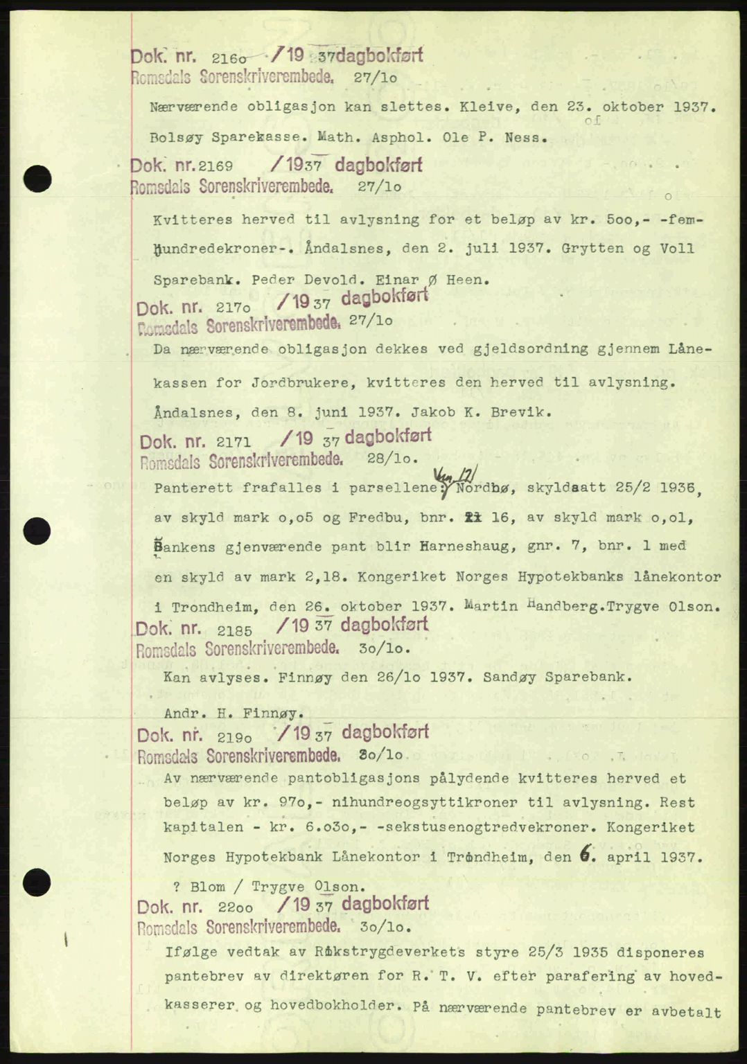 Romsdal sorenskriveri, AV/SAT-A-4149/1/2/2C: Mortgage book no. C1a, 1936-1945, Diary no: : 2160/1937