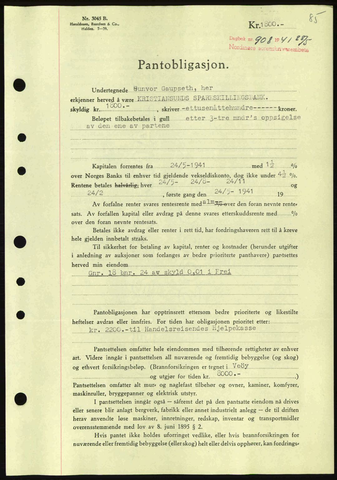 Nordmøre sorenskriveri, AV/SAT-A-4132/1/2/2Ca: Mortgage book no. B88, 1941-1942, Diary no: : 908/1941