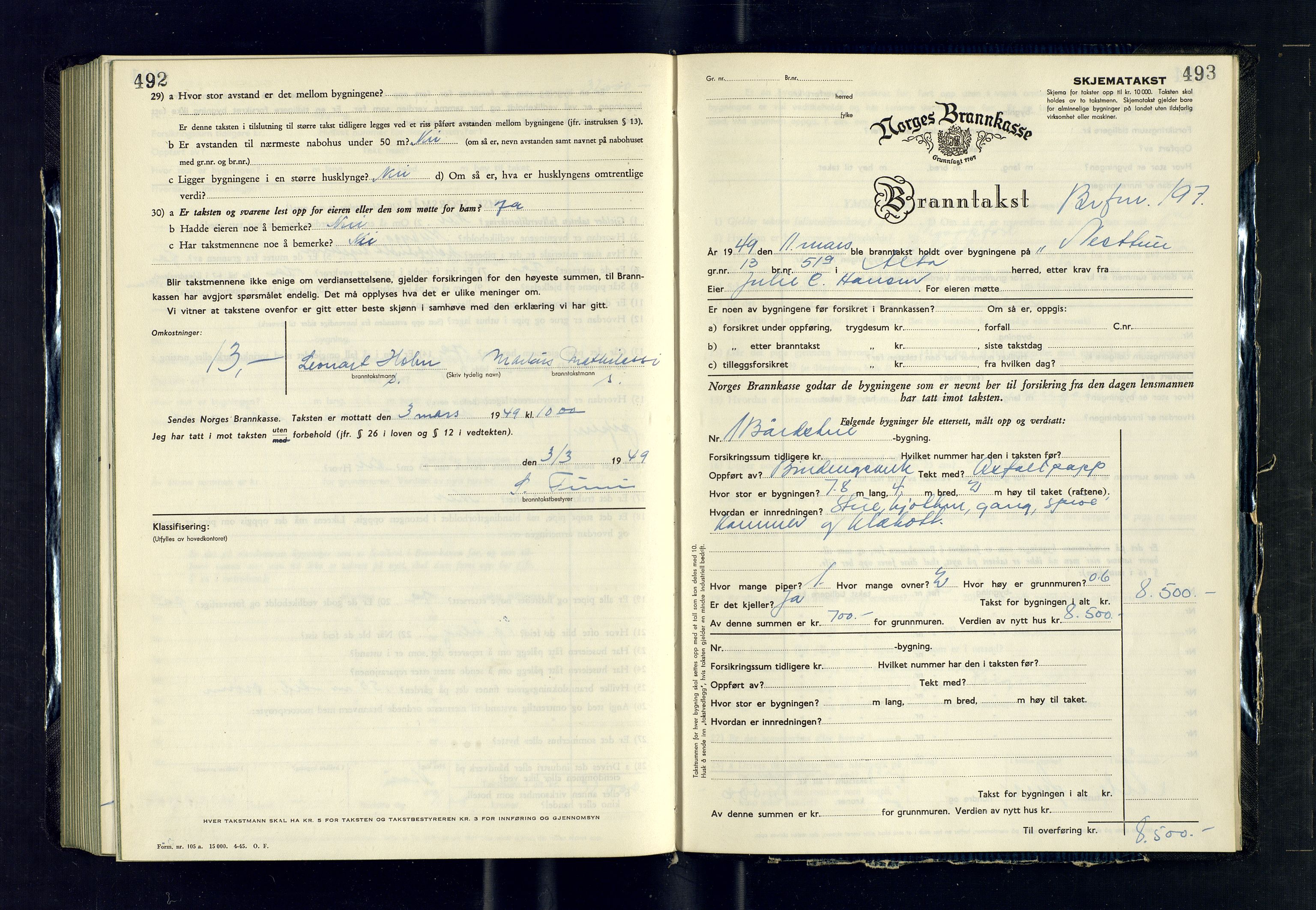 Alta lensmannskontor, AV/SATØ-S-1165/O/Ob/L0179: Branntakstprotokoll, 1946-1949, p. 492-493