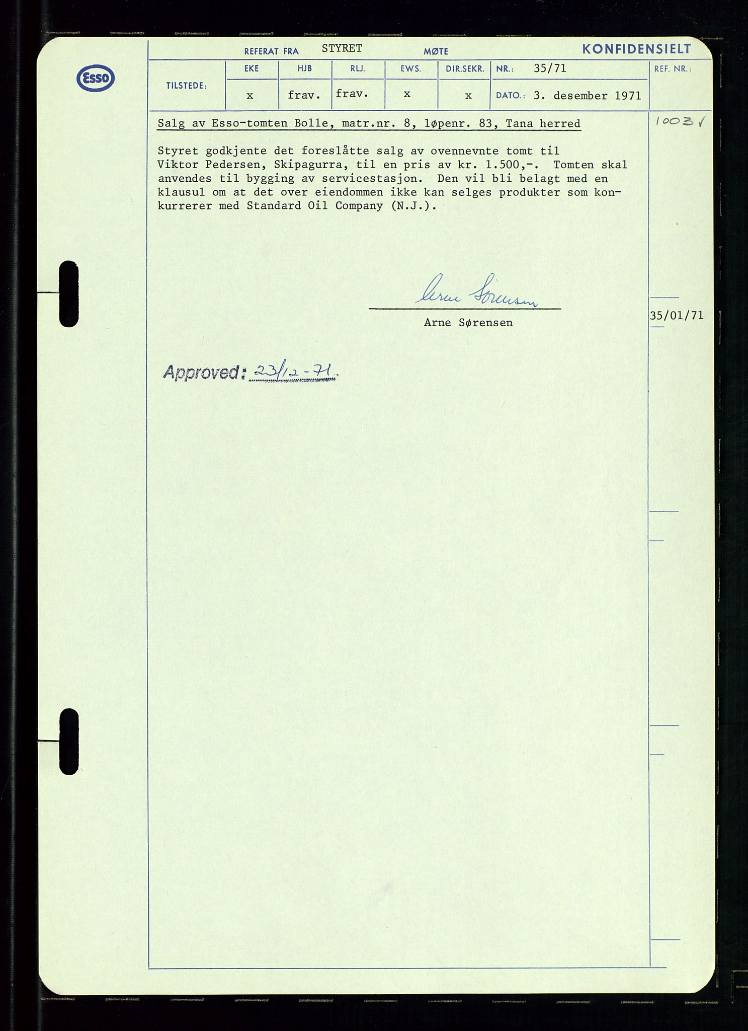 Pa 0982 - Esso Norge A/S, AV/SAST-A-100448/A/Aa/L0003/0002: Den administrerende direksjon Board minutes (styrereferater) og Bedriftforsamlingsprotokoll / Den administrerende direksjon Board minutes (styrereferater), 1970-1974, p. 130