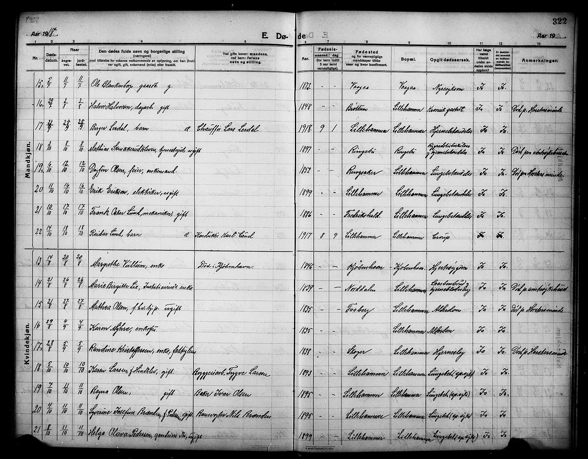 Lillehammer prestekontor, AV/SAH-PREST-088/H/Ha/Hab/L0002: Parish register (copy) no. 2, 1913-1929, p. 322