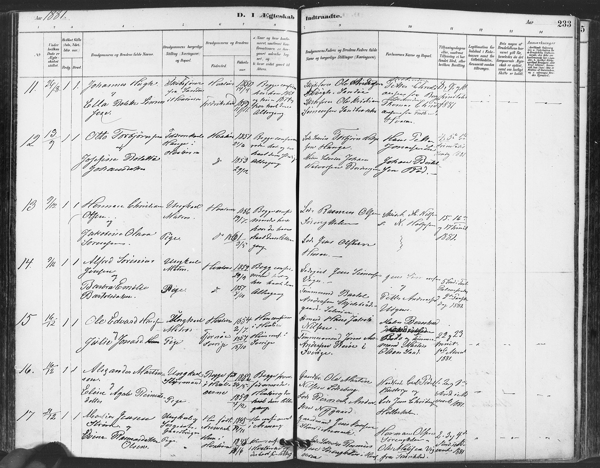 Hvaler prestekontor Kirkebøker, AV/SAO-A-2001/F/Fa/L0008: Parish register (official) no. I 8, 1878-1895, p. 233