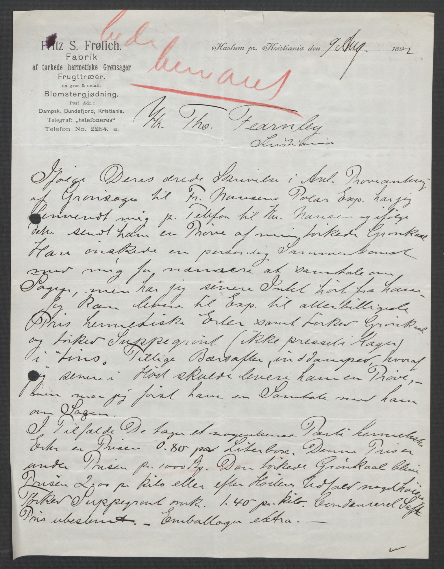 Arbeidskomitéen for Fridtjof Nansens polarekspedisjon, AV/RA-PA-0061/D/L0004: Innk. brev og telegrammer vedr. proviant og utrustning, 1892-1893, p. 183