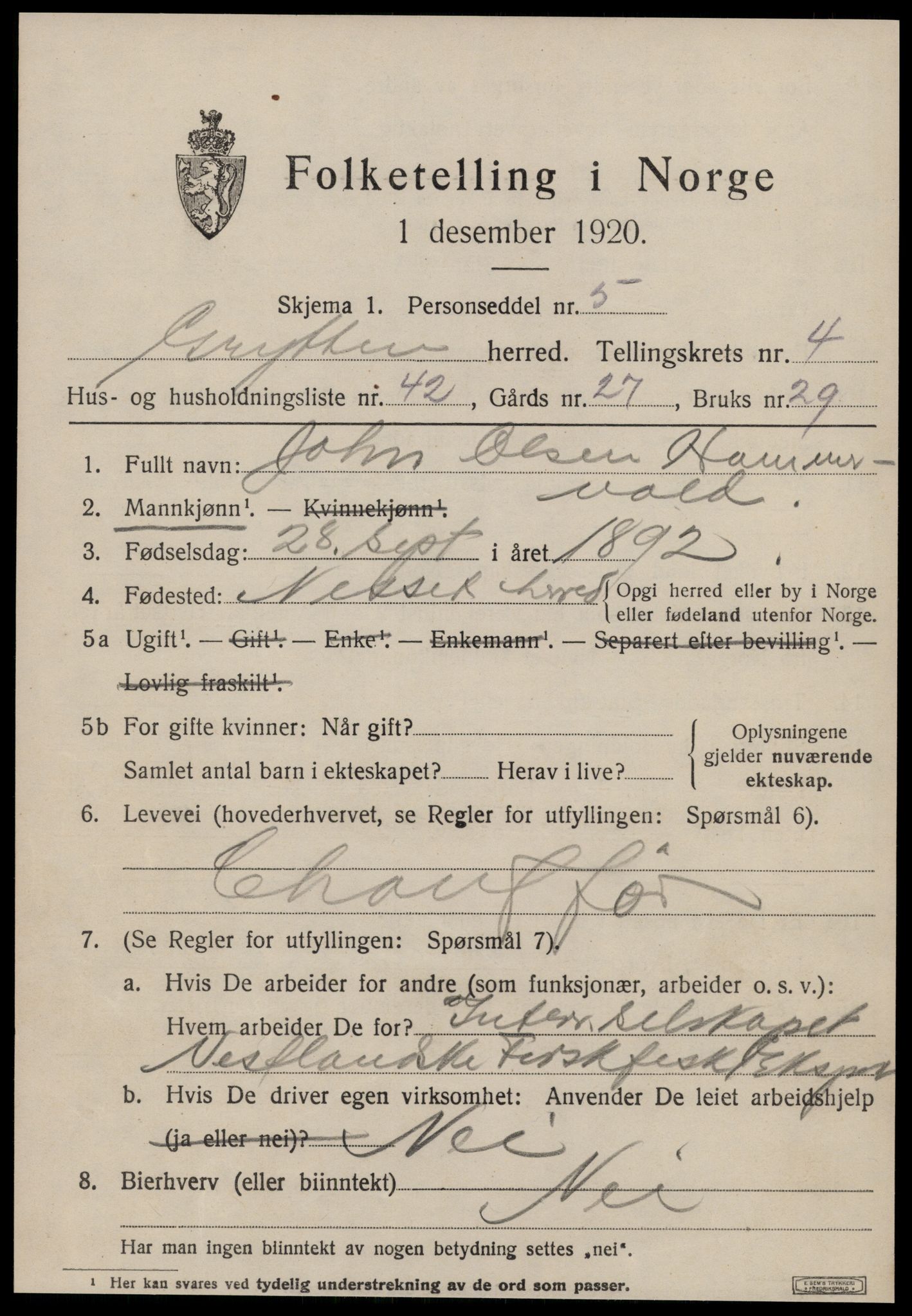 SAT, 1920 census for Grytten, 1920, p. 3364