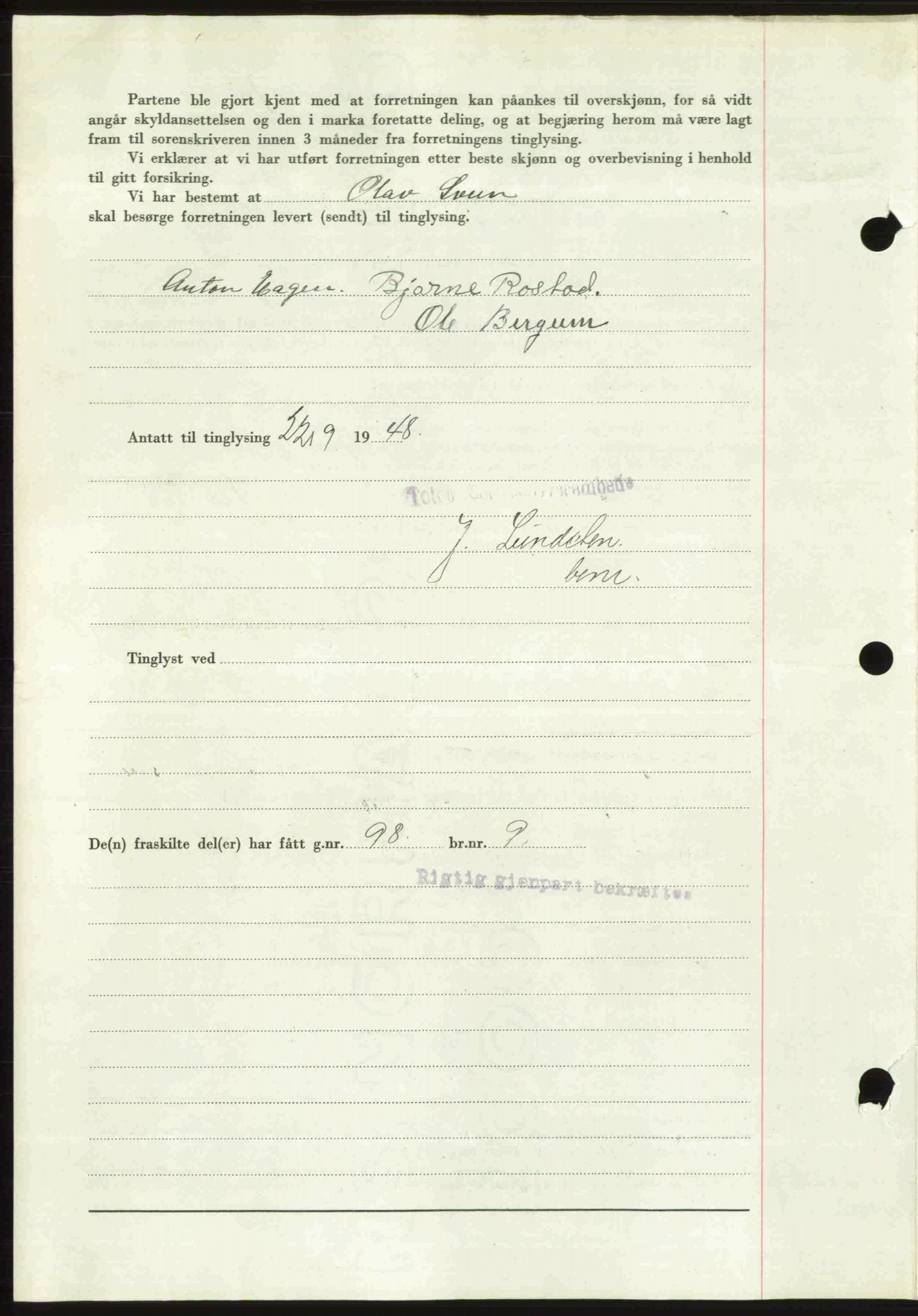 Toten tingrett, SAH/TING-006/H/Hb/Hbc/L0020: Mortgage book no. Hbc-20, 1948-1948, Diary no: : 3058/1948
