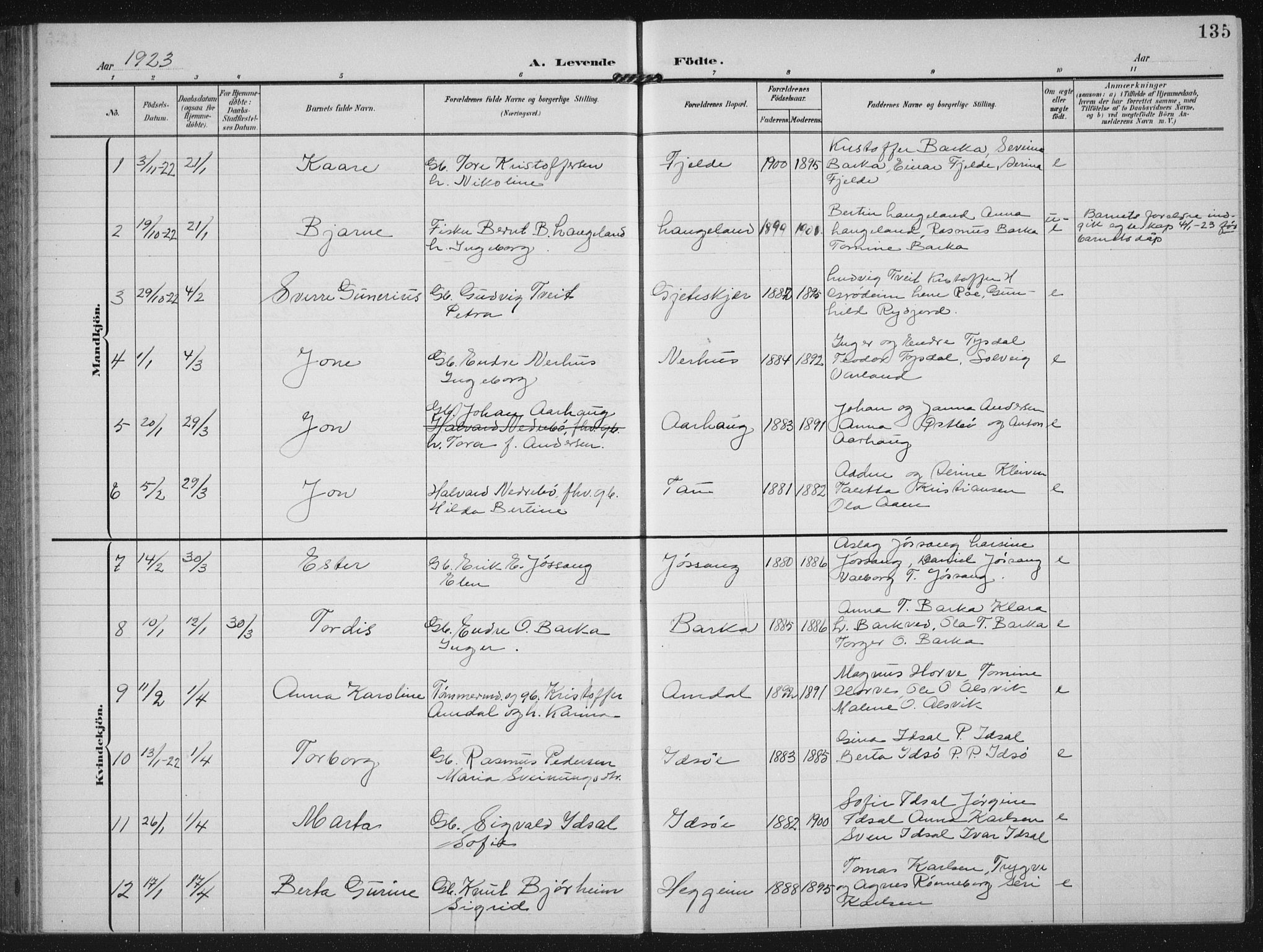 Strand sokneprestkontor, SAST/A-101828/H/Ha/Hab/L0005: Parish register (copy) no. B 5, 1904-1934, p. 135