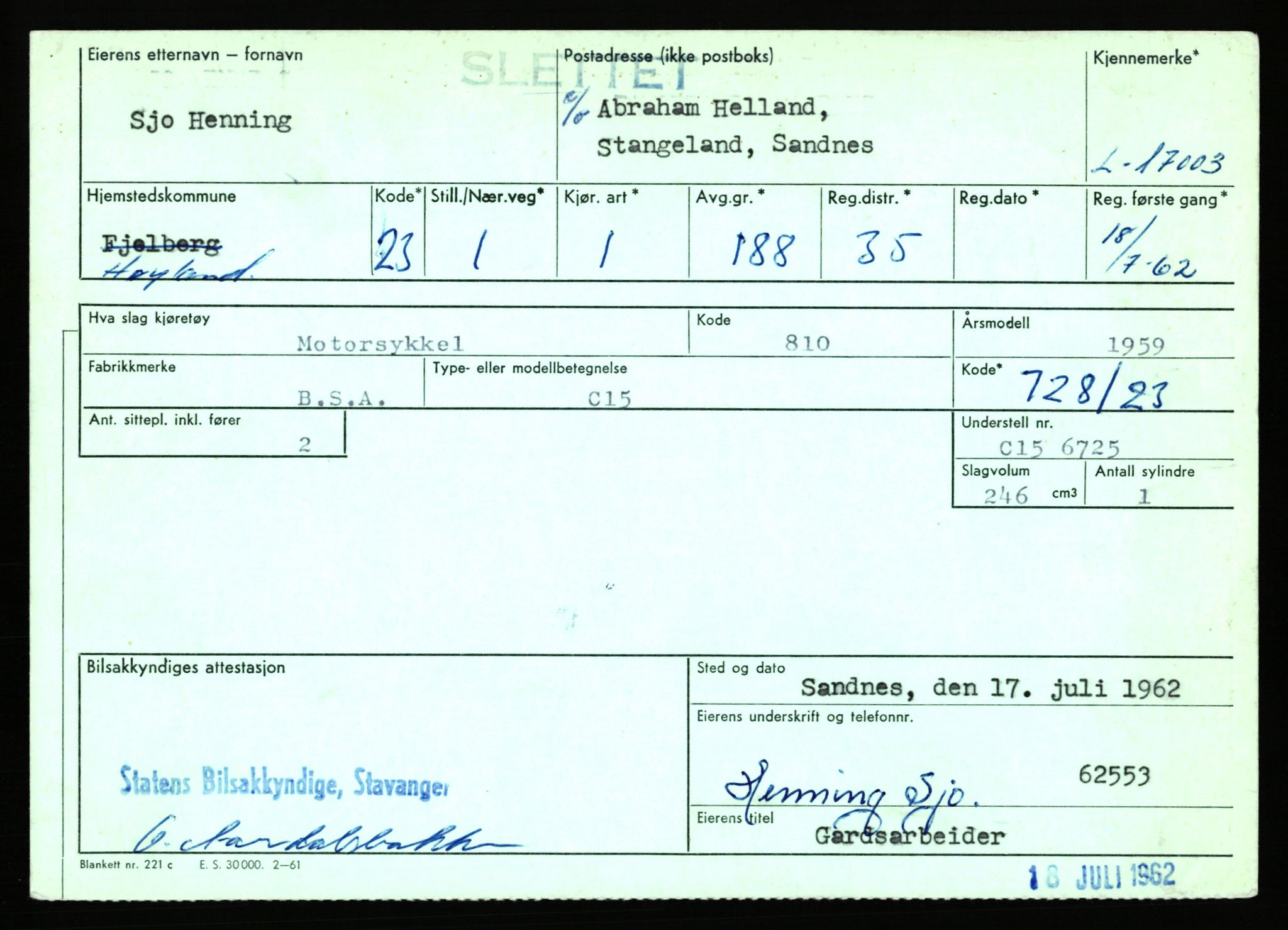 Stavanger trafikkstasjon, AV/SAST-A-101942/0/F/L0031: L-17000 - L-17599, 1930-1971, p. 23