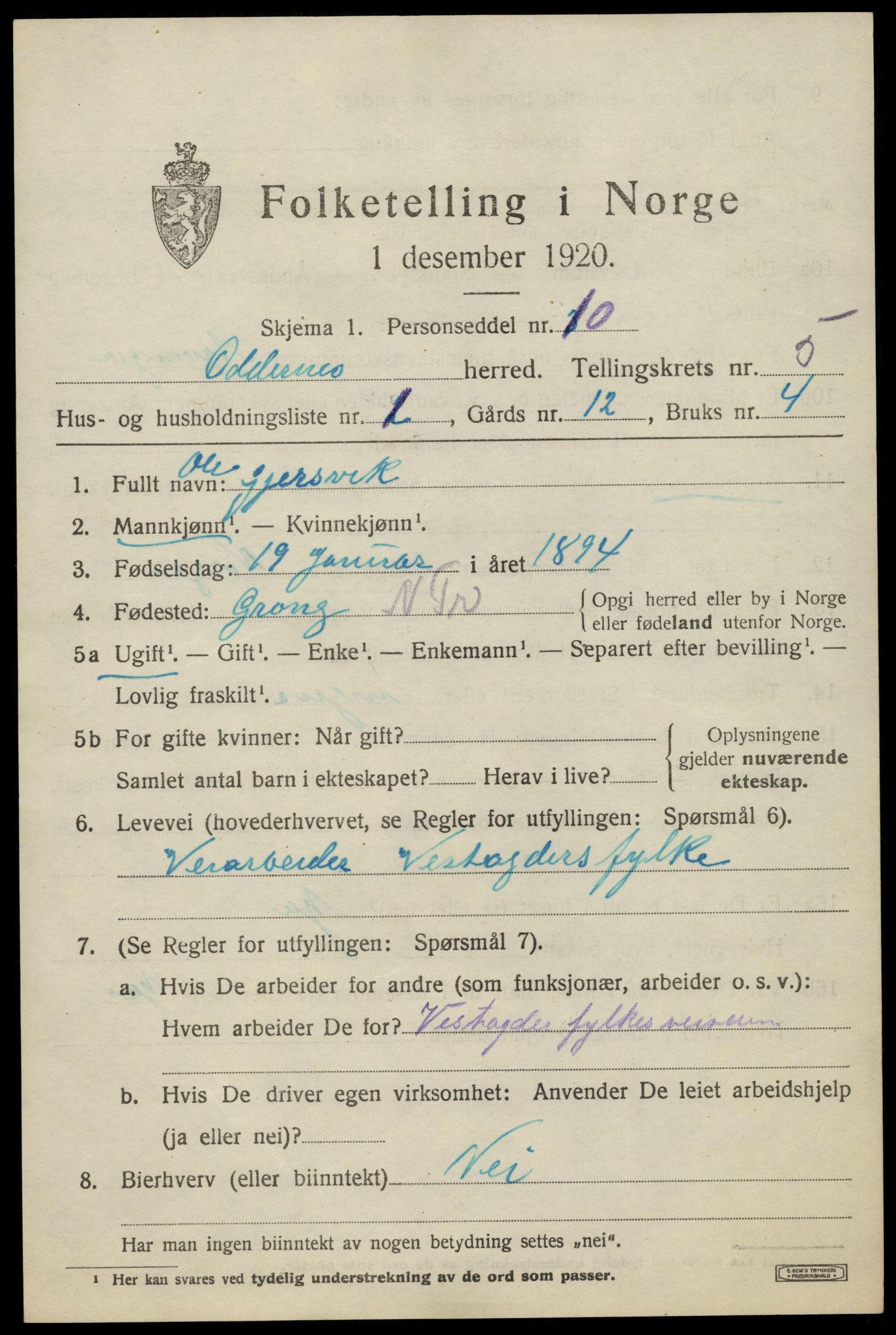 SAK, 1920 census for Oddernes, 1920, p. 4447