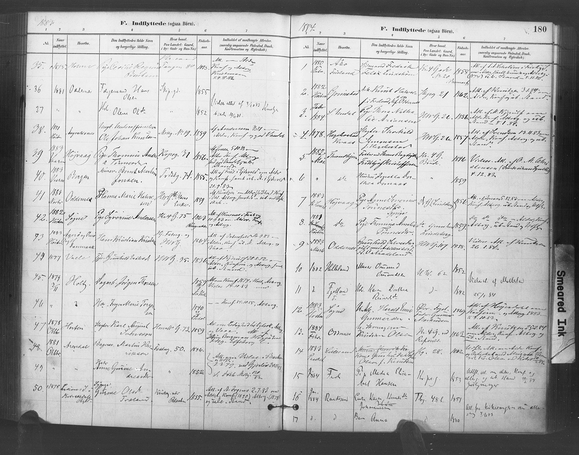 Kristiansand domprosti, AV/SAK-1112-0006/F/Fa/L0018: Parish register (official) no. A 17, 1880-1892, p. 180