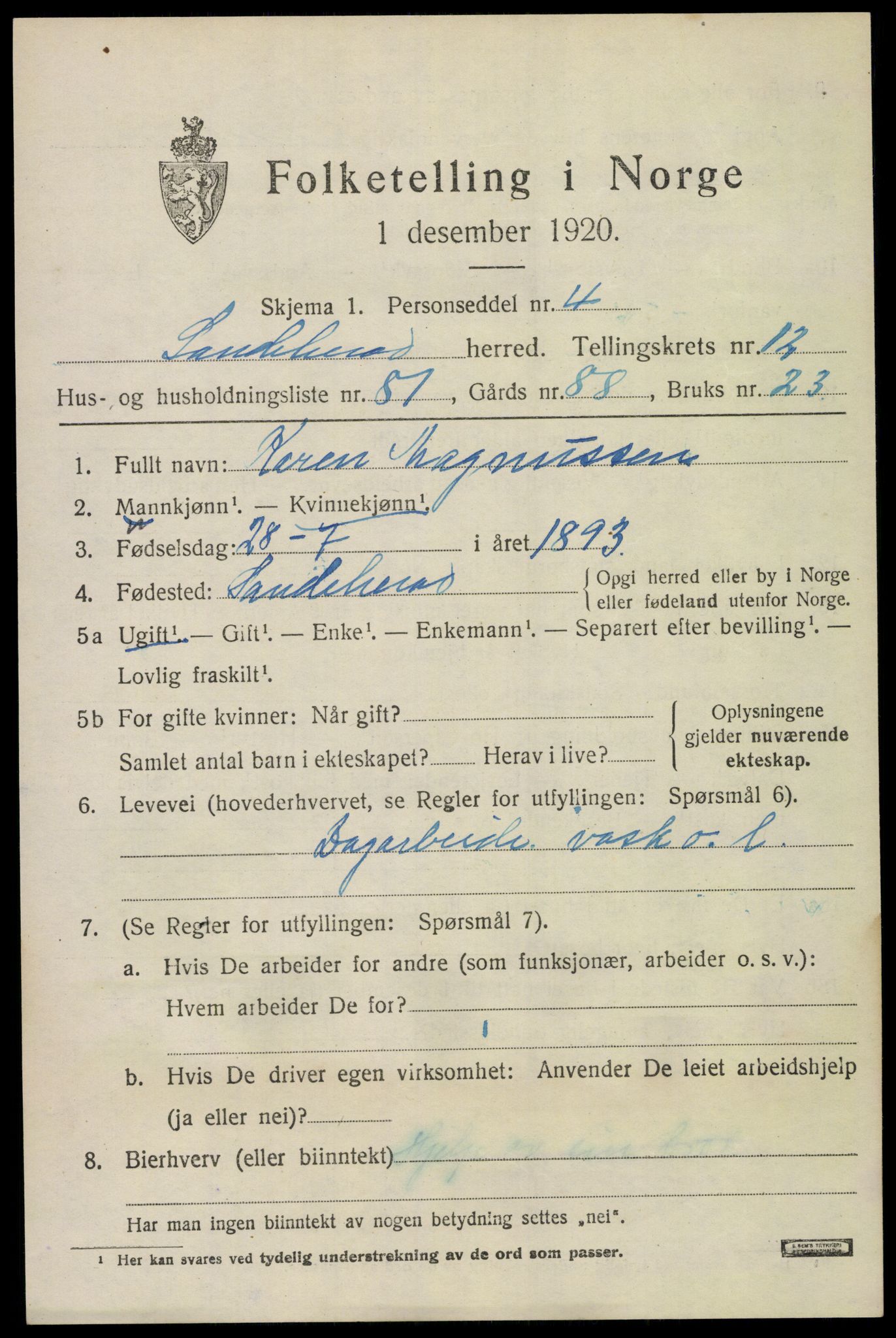 SAKO, 1920 census for Sandeherred, 1920, p. 19092