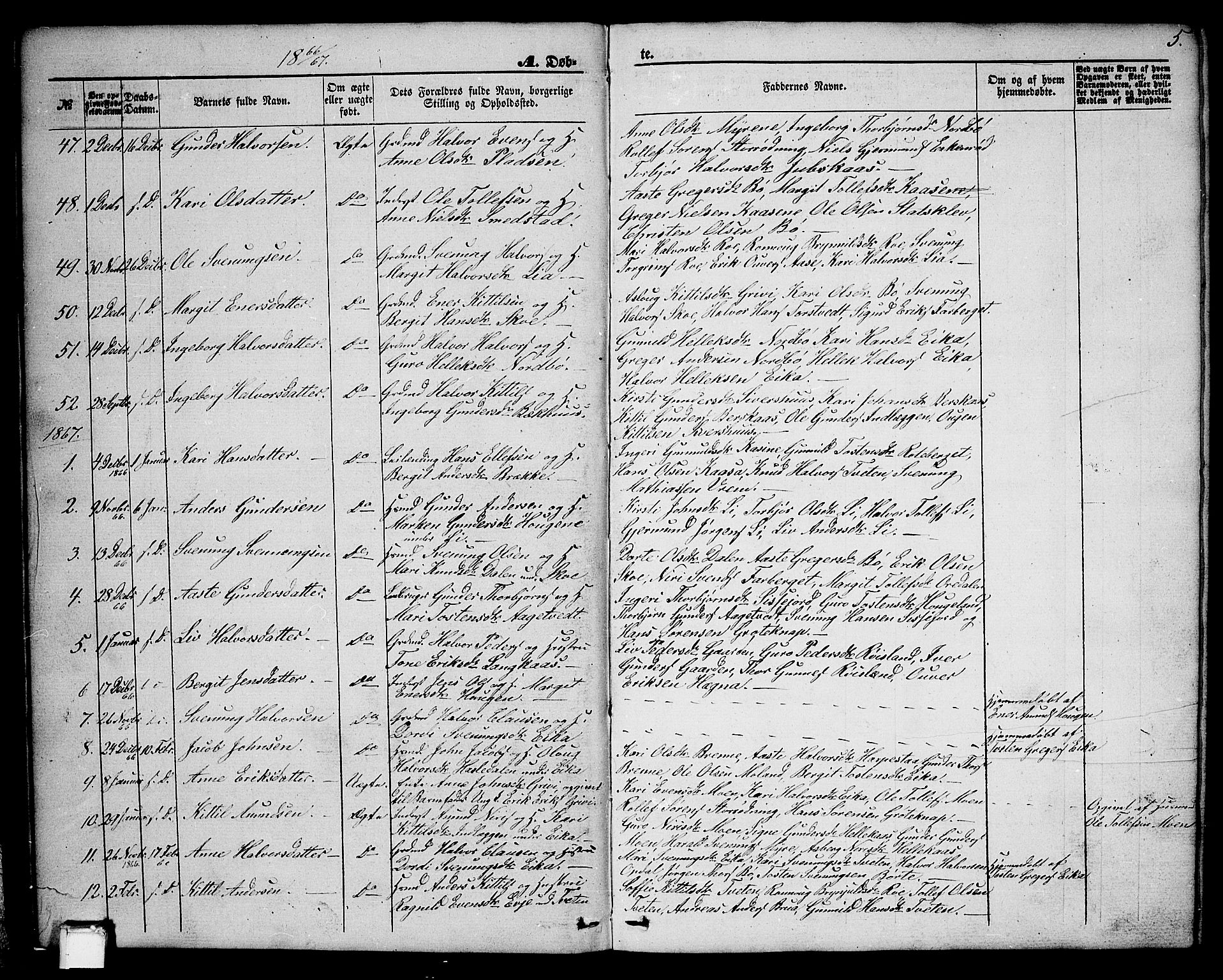 Bø kirkebøker, SAKO/A-257/G/Ga/L0003: Parish register (copy) no. 3, 1866-1875, p. 5
