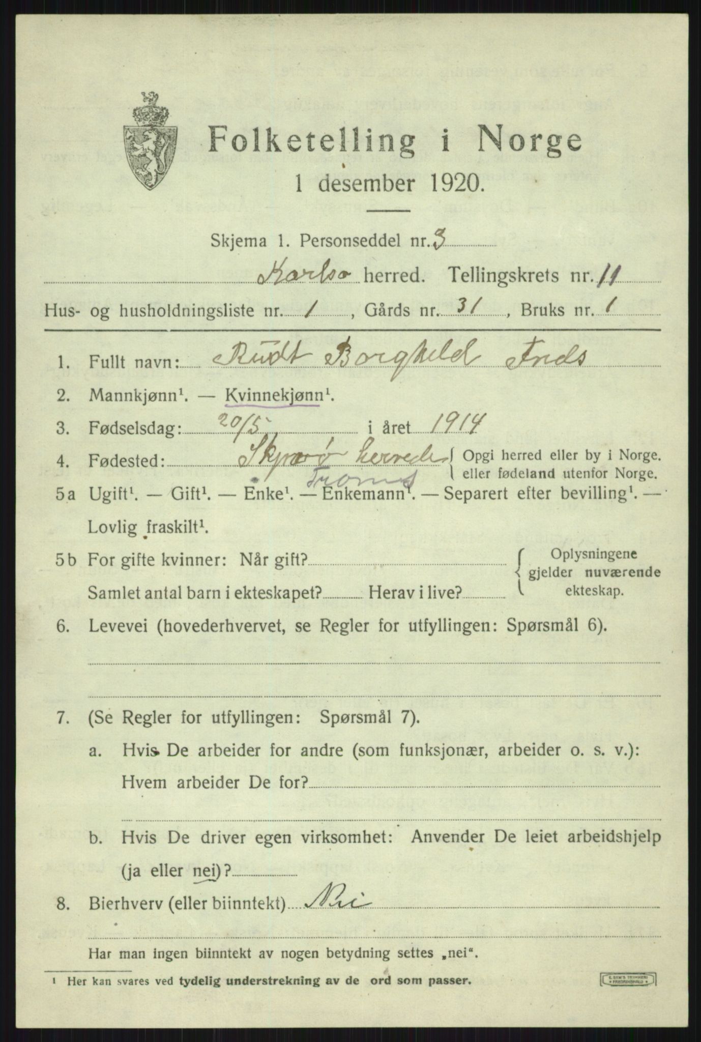 SATØ, 1920 census for Karlsøy, 1920, p. 3986