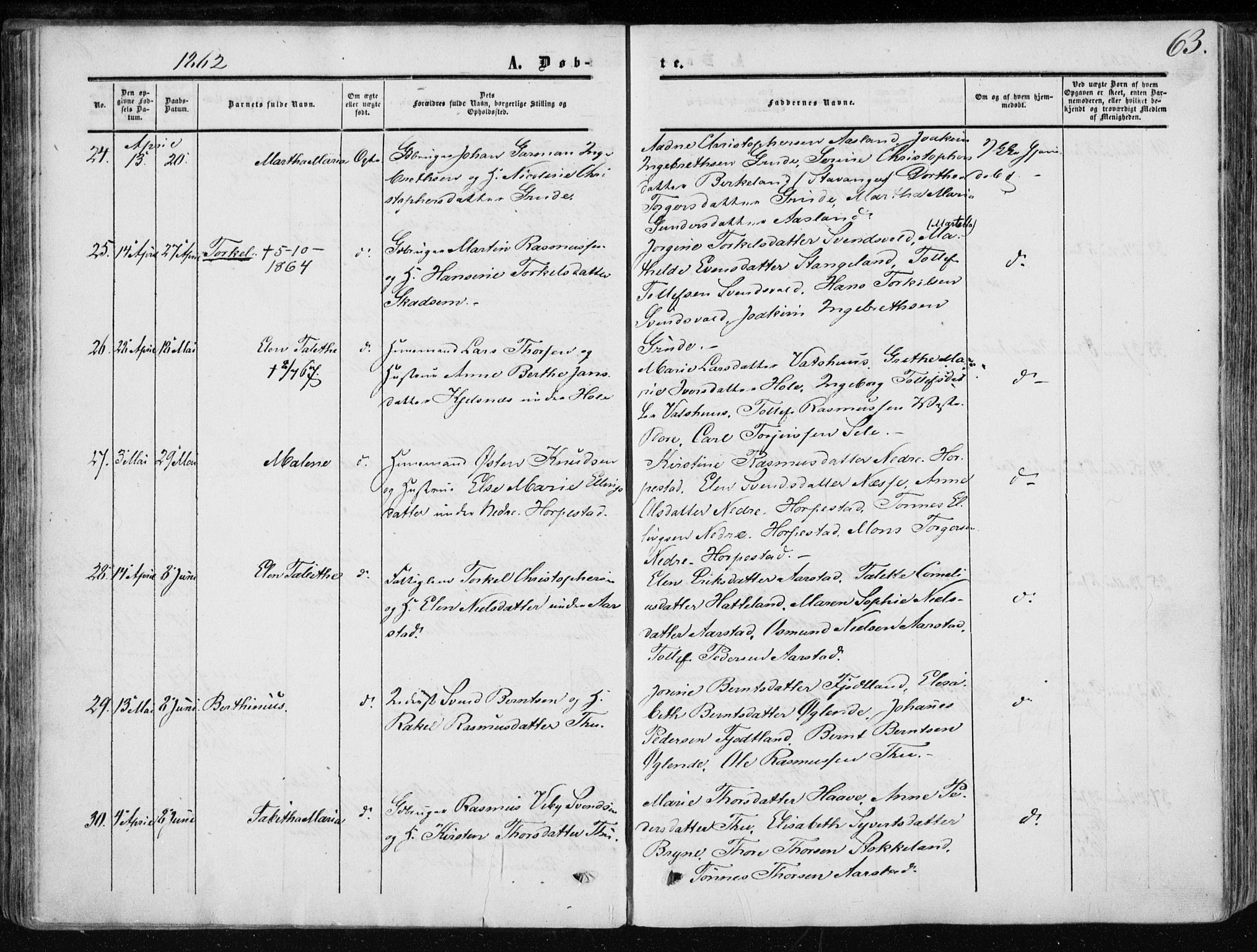 Klepp sokneprestkontor, AV/SAST-A-101803/001/3/30BA/L0005: Parish register (official) no. A 5, 1853-1870, p. 63