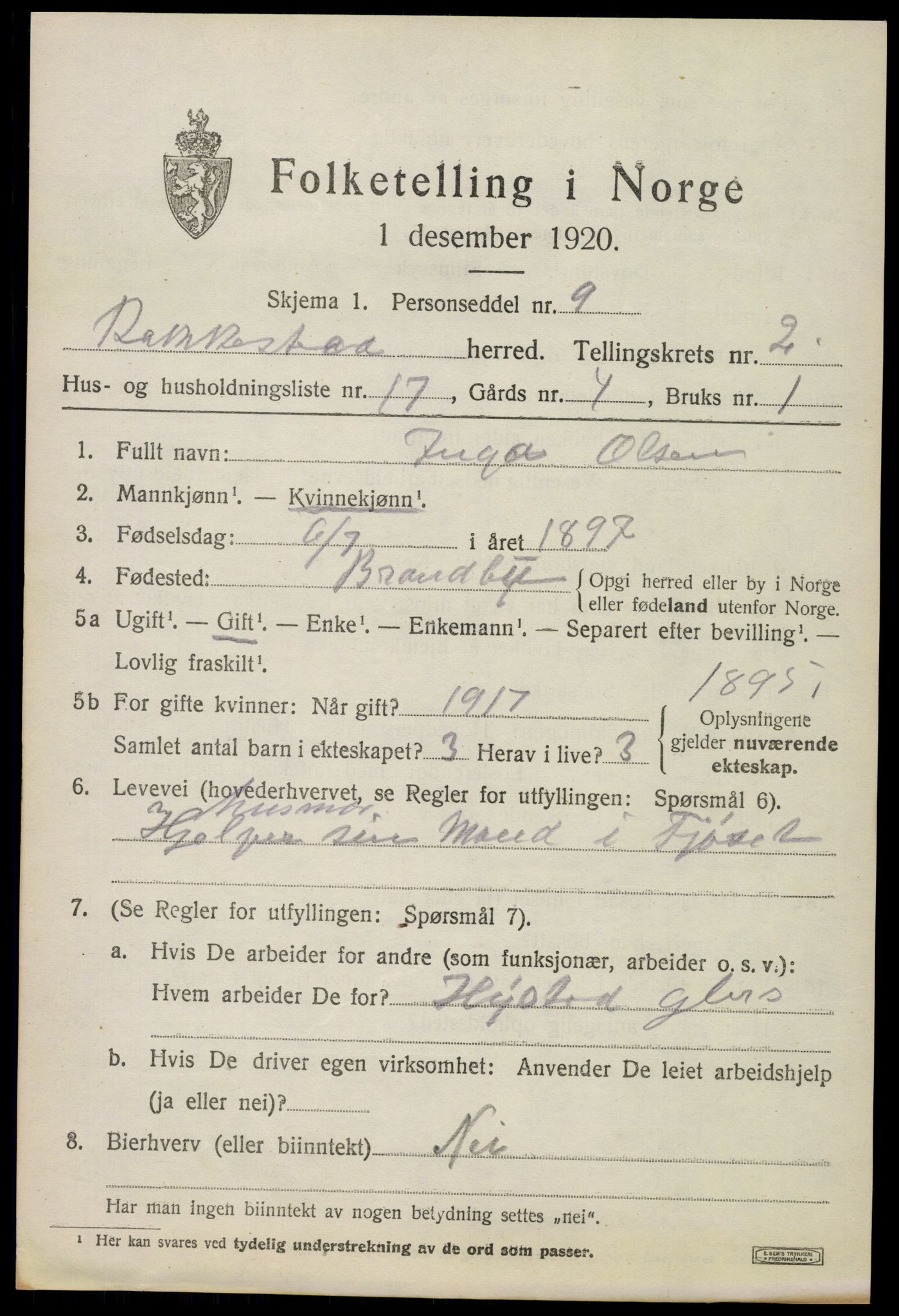 SAO, 1920 census for Rakkestad, 1920, p. 3617