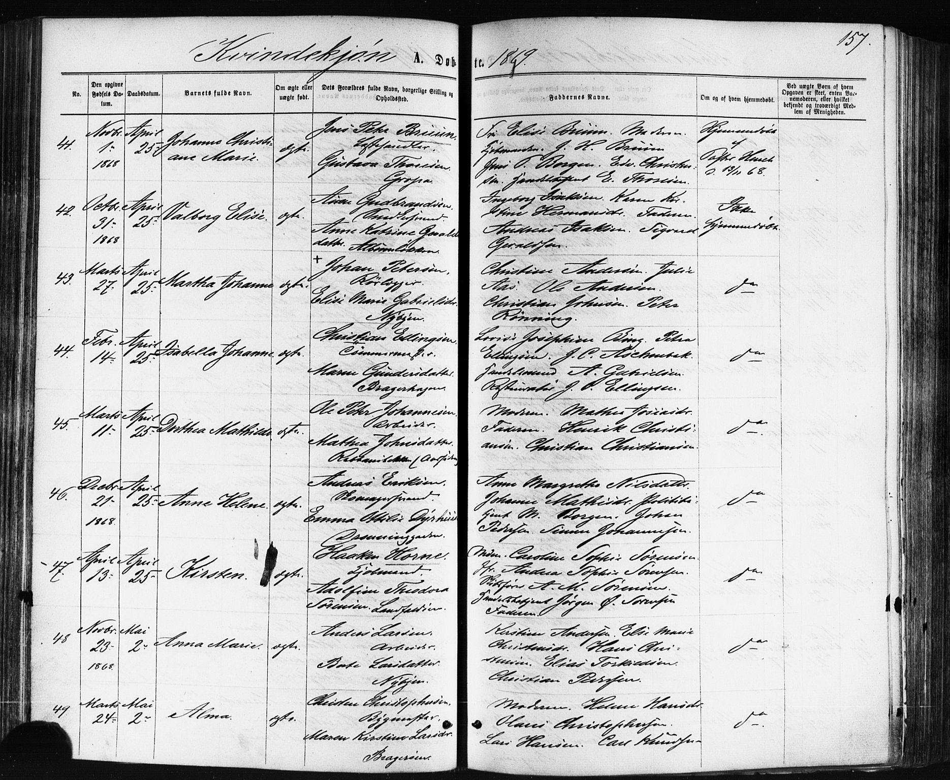 Bragernes kirkebøker, AV/SAKO-A-6/F/Fb/L0004: Parish register (official) no. II 4, 1869-1875, p. 157