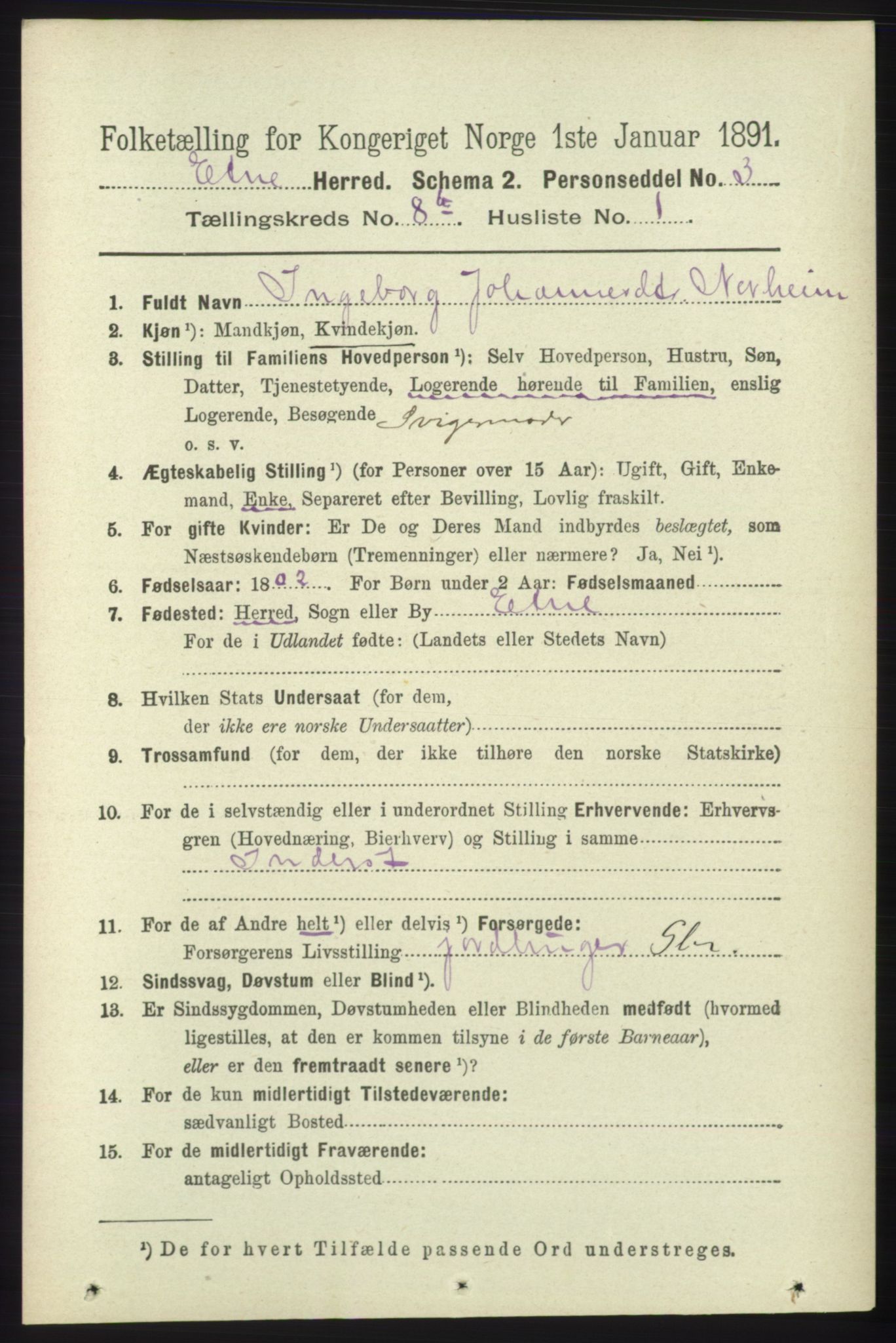 RA, 1891 census for 1211 Etne, 1891, p. 1619