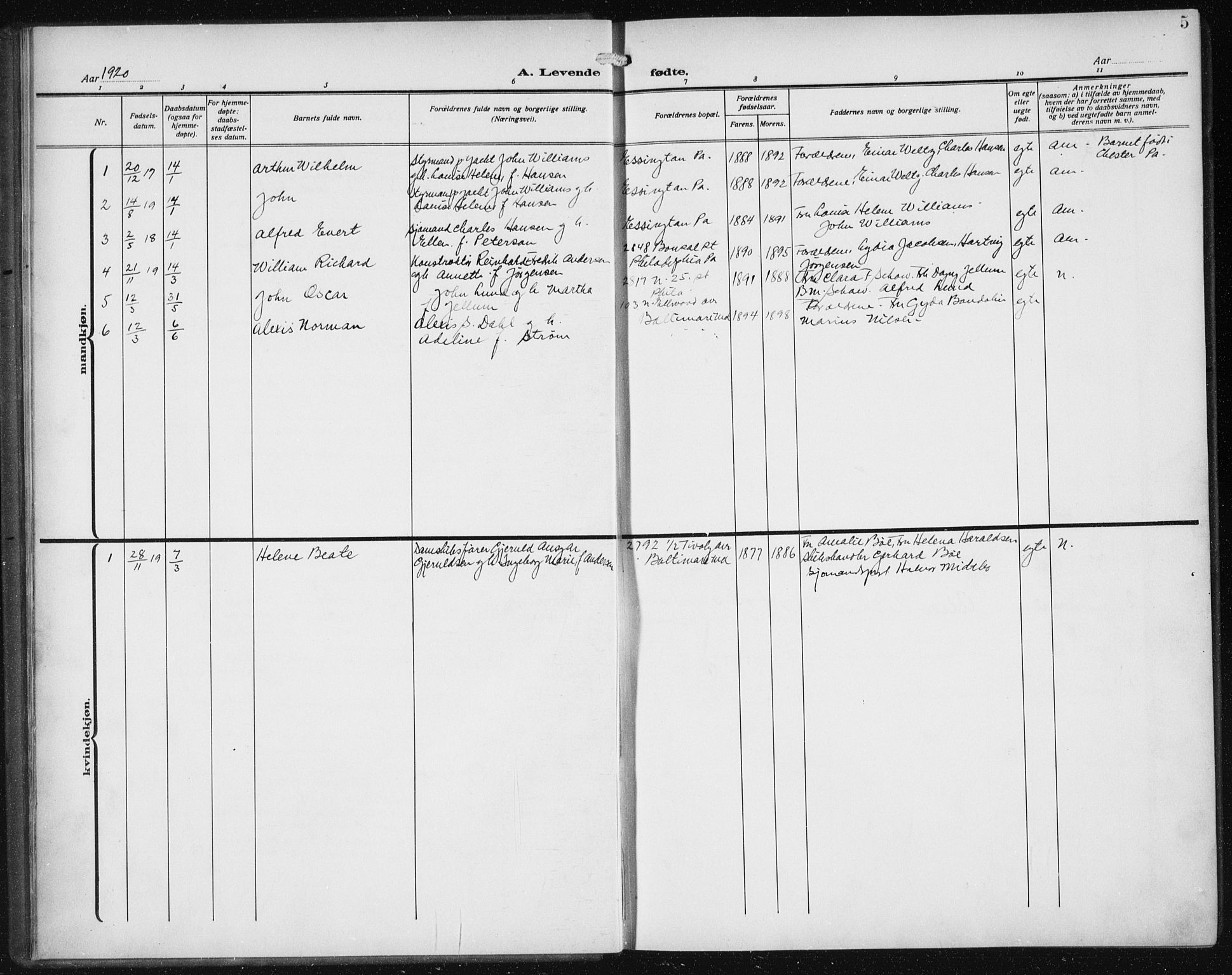 Den norske sjømannsmisjon i utlandet/Philadelphia, SAB/SAB/PA-0113/H/Ha/L0001: Parish register (official) no. A 1, 1912-1931, p. 5