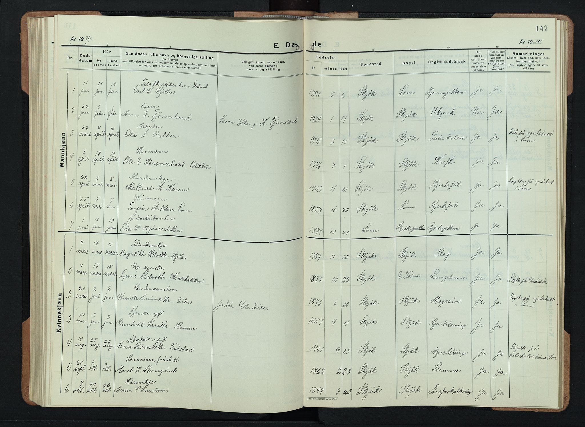 Skjåk prestekontor, SAH/PREST-072/H/Ha/Hab/L0006: Parish register (copy) no. 6, 1933-1954, p. 147