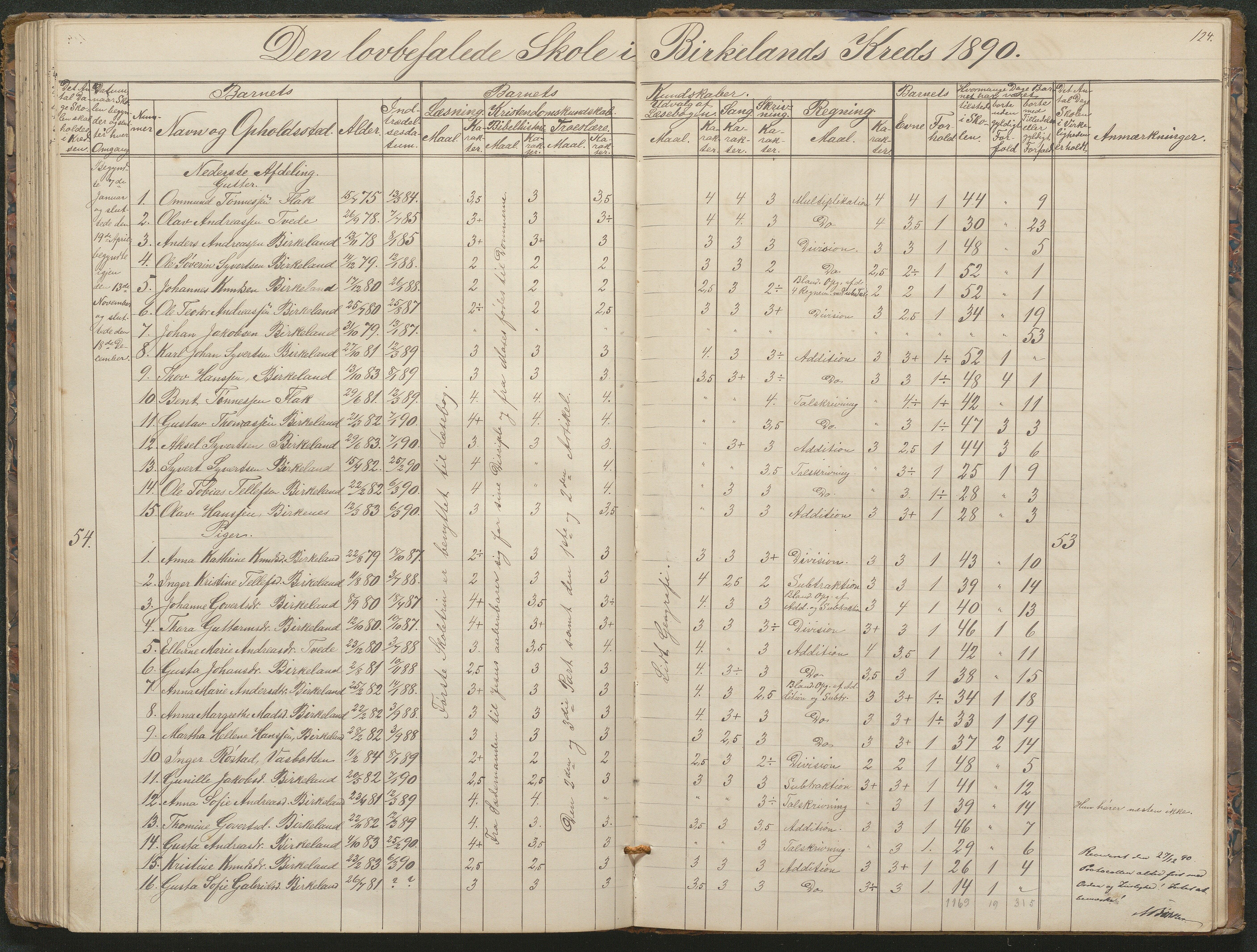 Birkenes kommune, Birkenes krets/Birkeland folkeskole frem til 1991, AAKS/KA0928-550a_91/F02/L0001: Skoleprotokoll, 1862-1896, p. 124